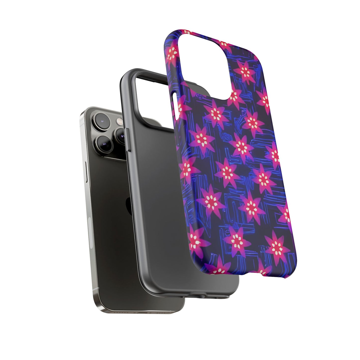 Neon Flower Tough Phone Case - Trippy Dark Floral Art, Electric Glow Aesthetic, Compatible with iPhone, Galaxy, and Google Phones