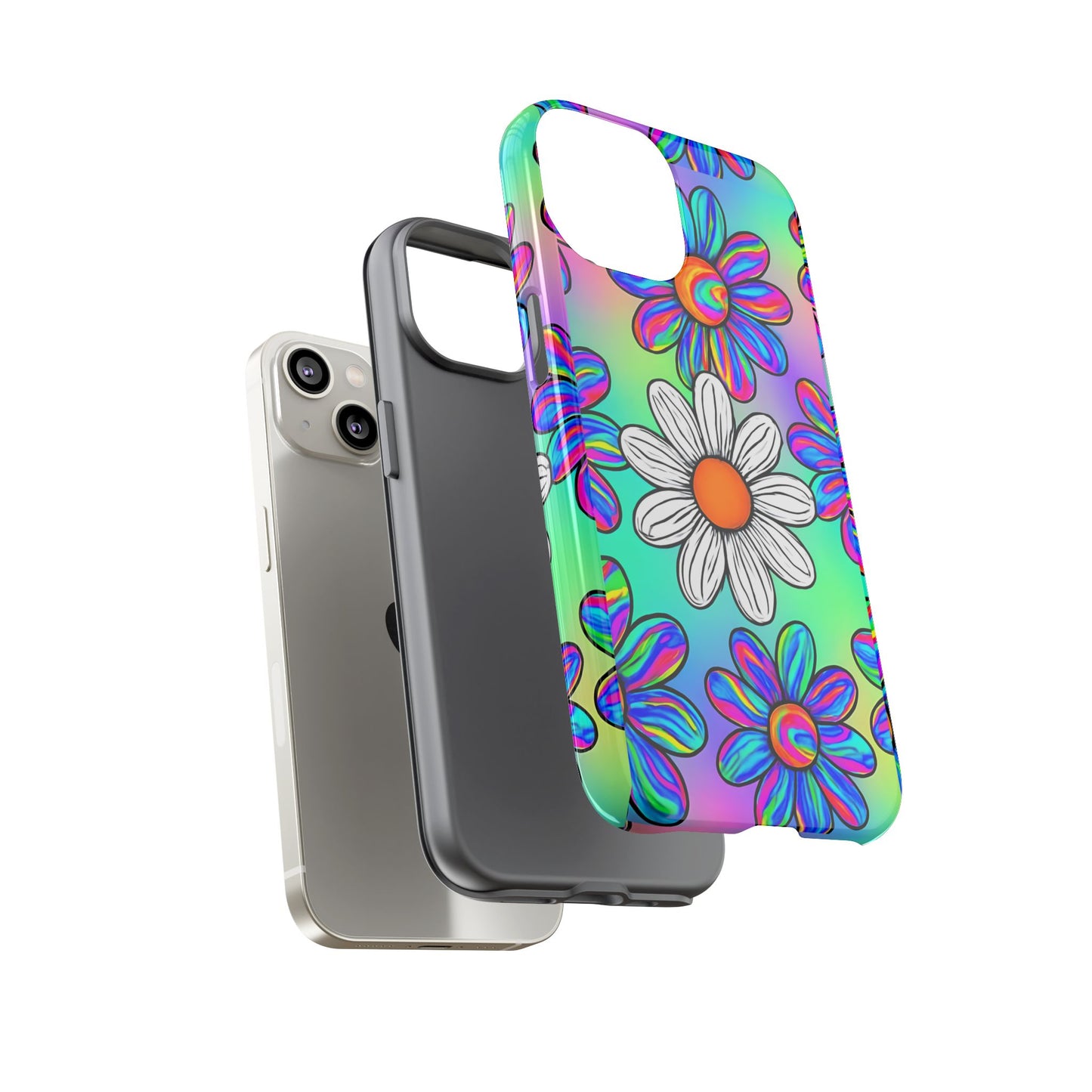 Trippy Daisy Tough Phone Case - Psychedelic Floral Design, Colorful Retro Aesthetic, Compatible with iPhone, Galaxy, and Google Phones