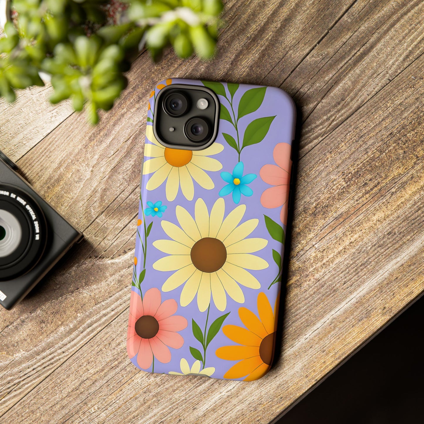Minimal Daisy Flower Tough Phone Case - Retro Coquette Floral Print, Cute Soft Aesthetic, Compatible with iPhone, Galaxy, and Google Phones