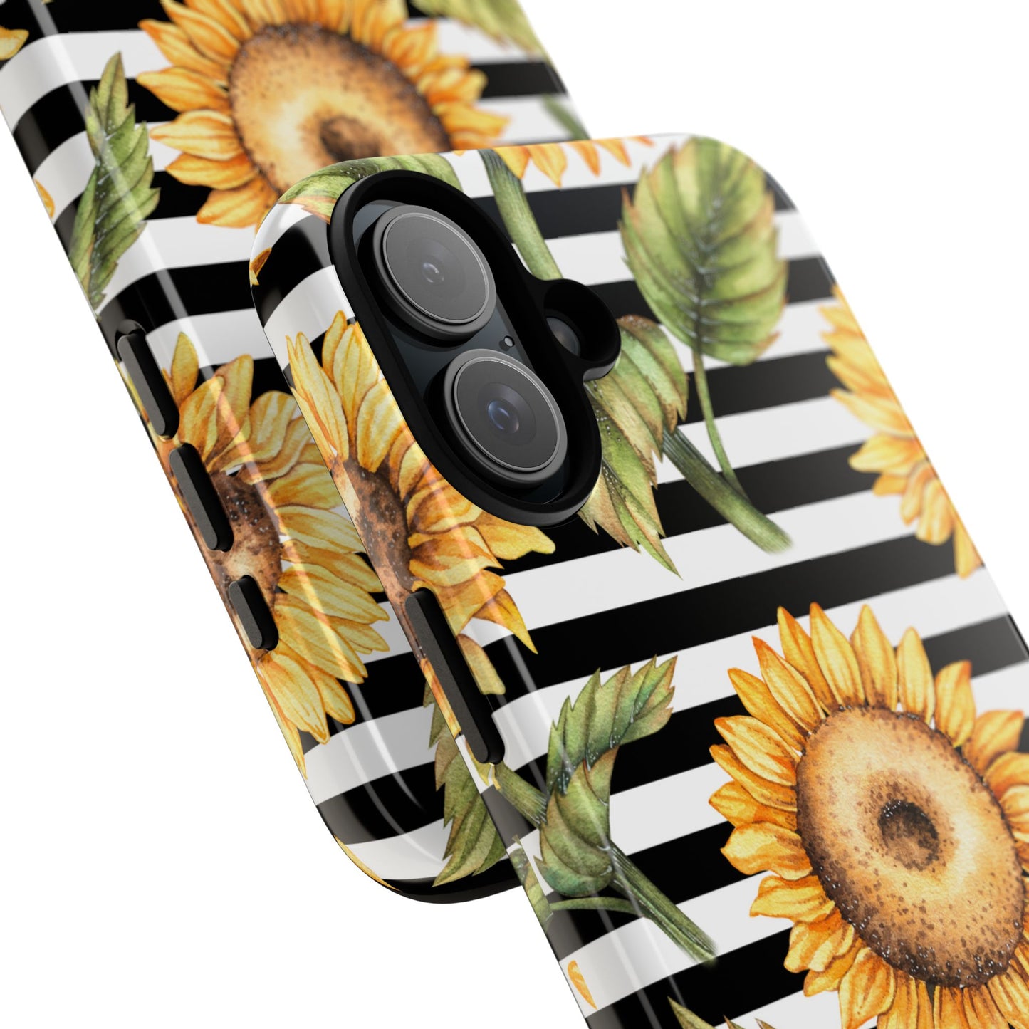 Sunflower Tough Phone Case - Bold Yellow Floral Art, Black and White Striped Aesthetic, Compatible with iPhone, Galaxy, and Google Phones