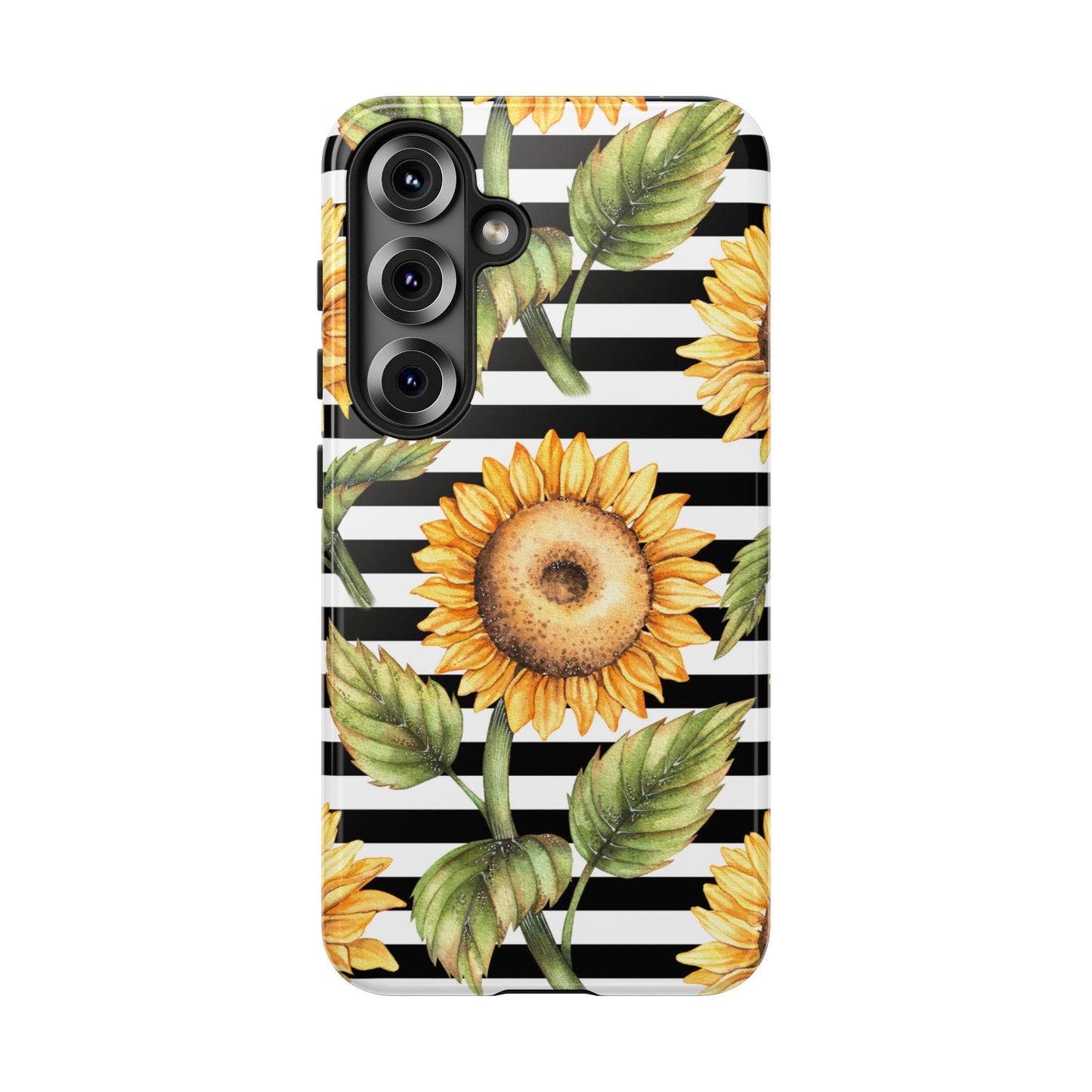 Sunflower Tough Phone Case - Bold Yellow Floral Art, Black and White Striped Aesthetic, Compatible with iPhone, Galaxy, and Google Phones