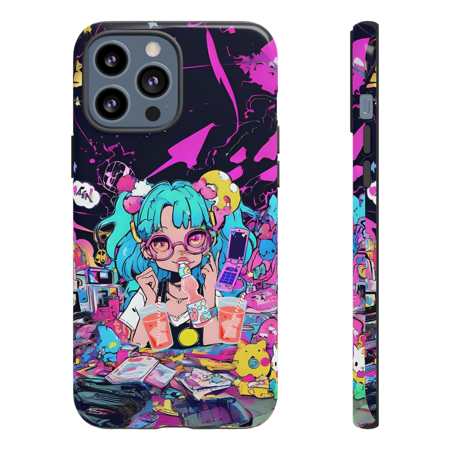 Y2K Anime Girl Tough Phone Case - Kawaii Vaporwave Style, Cute Maximalist Aesthetic, Compatible with iPhone, Galaxy, and Google Phones