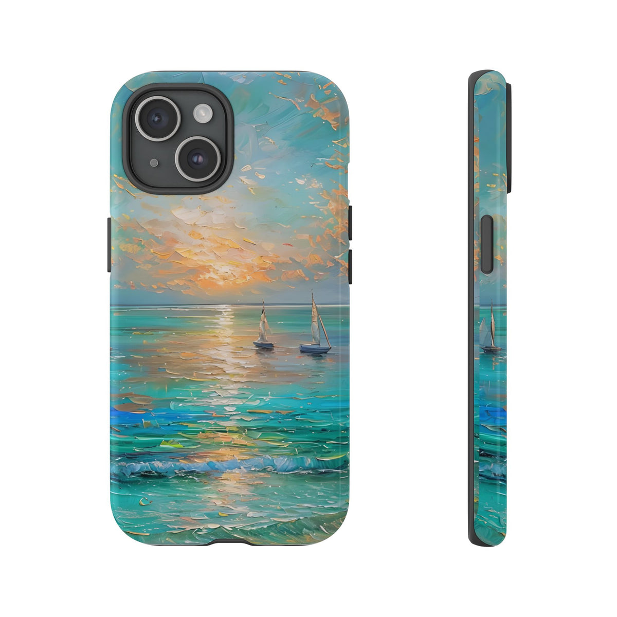 Sailboat Ocean Scenery Tough Phone Case, Oil Painting Phone Cover, Sunset Sailing Compatible with iPhone 17, 16, 15, 14, 13, Galaxy, Google