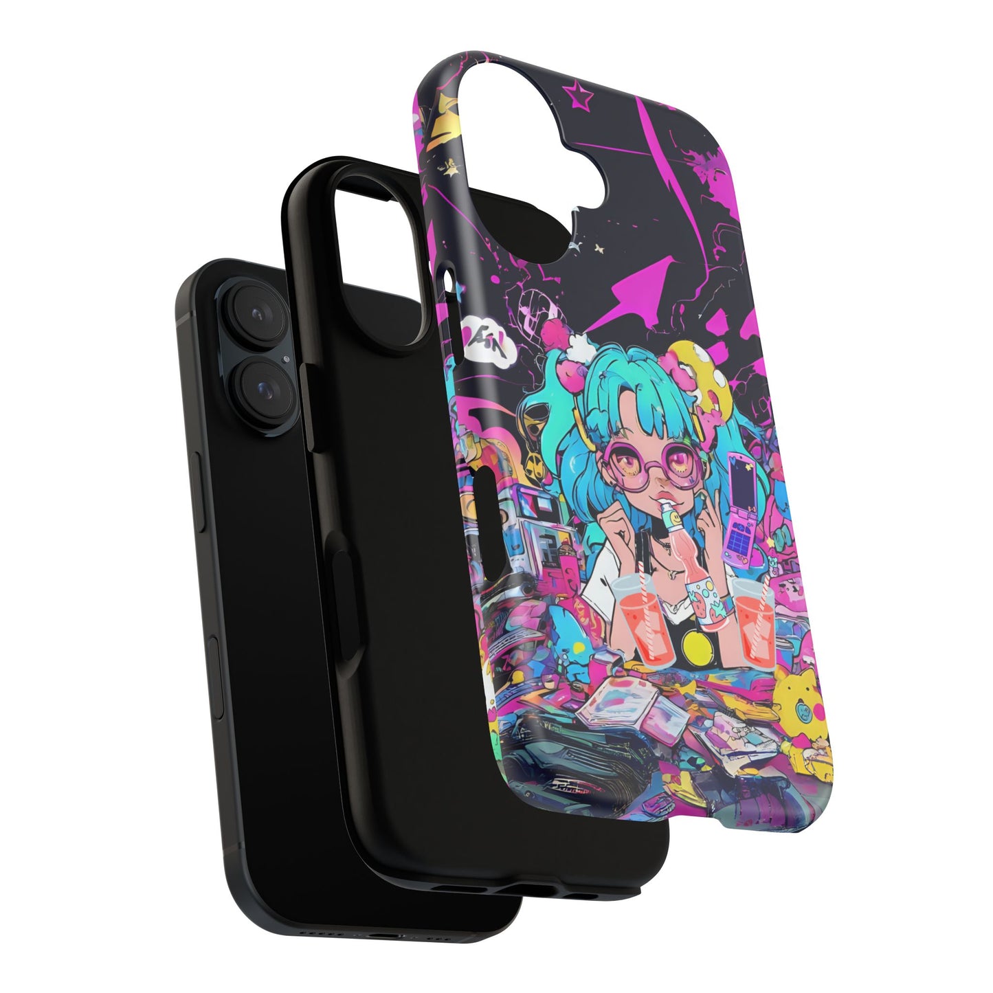 Y2K Anime Girl Tough Phone Case - Kawaii Vaporwave Style, Cute Maximalist Aesthetic, Compatible with iPhone, Galaxy, and Google Phones