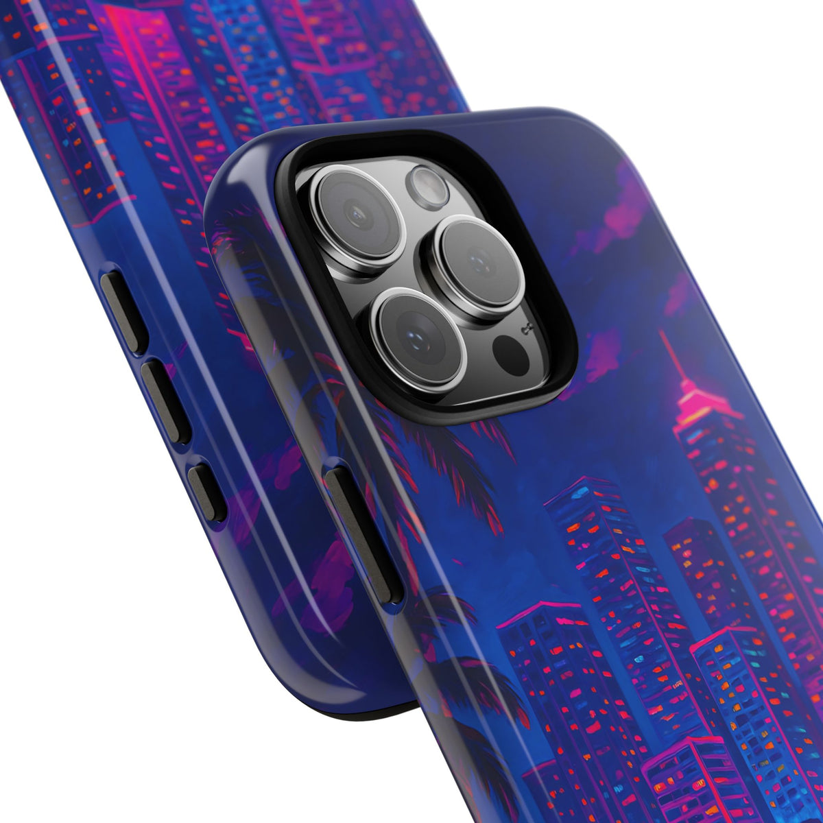 Cityscape Tough Phone Case, Miami Skyline Phone Cover, Neon Night Design Compatible with iPhone, Galaxy & Google