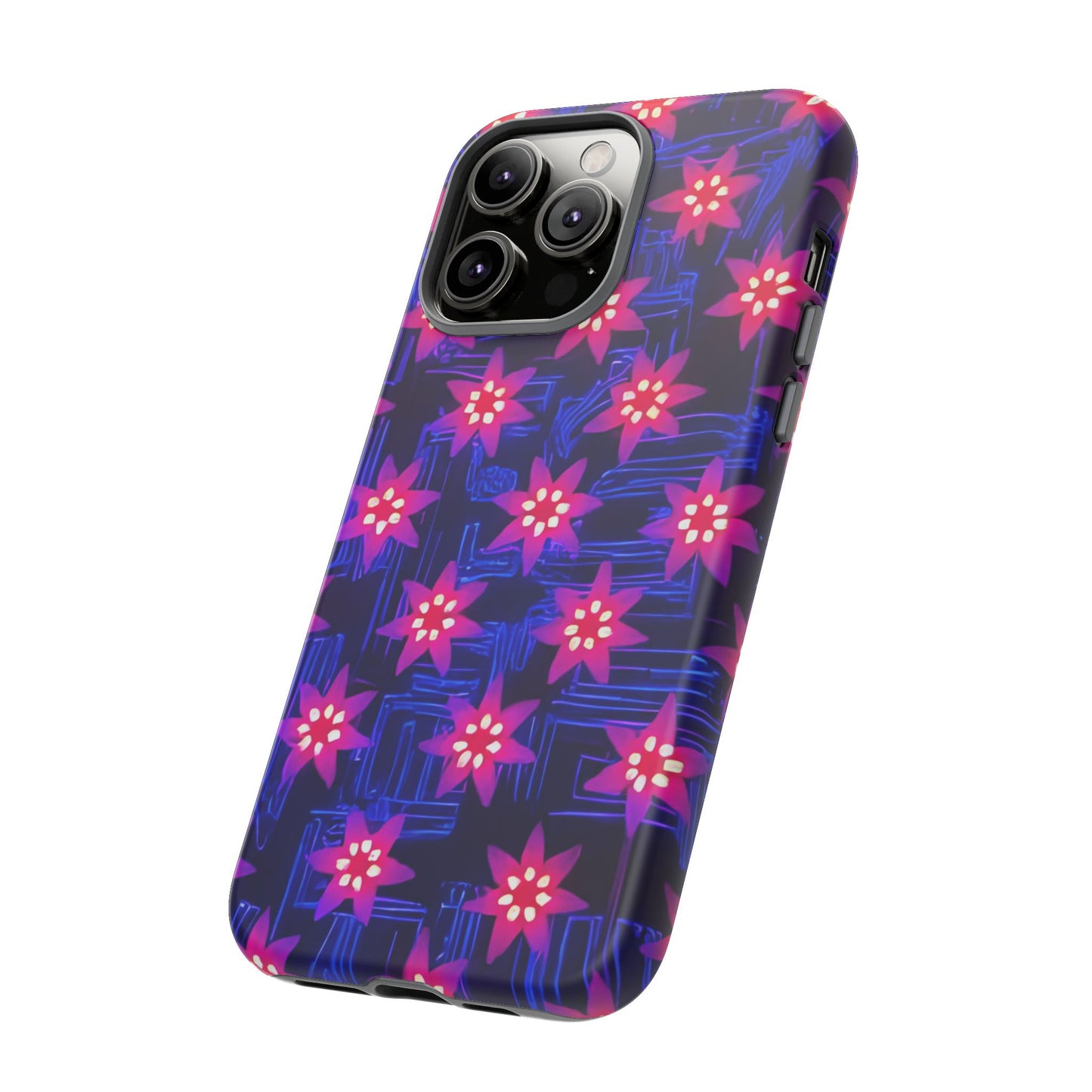 Neon Flower Tough Phone Case - Trippy Dark Floral Art, Electric Glow Aesthetic, Compatible with iPhone, Galaxy, and Google Phones