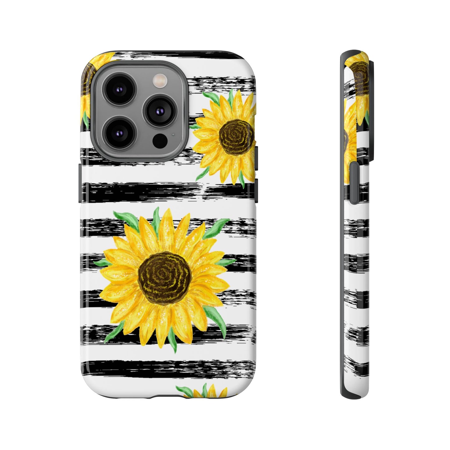 Sunflower Tough Phone Case - Bright Yellow Floral Art, Black and White Striped Aesthetic, Compatible with iPhone, Galaxy, and Google Phones