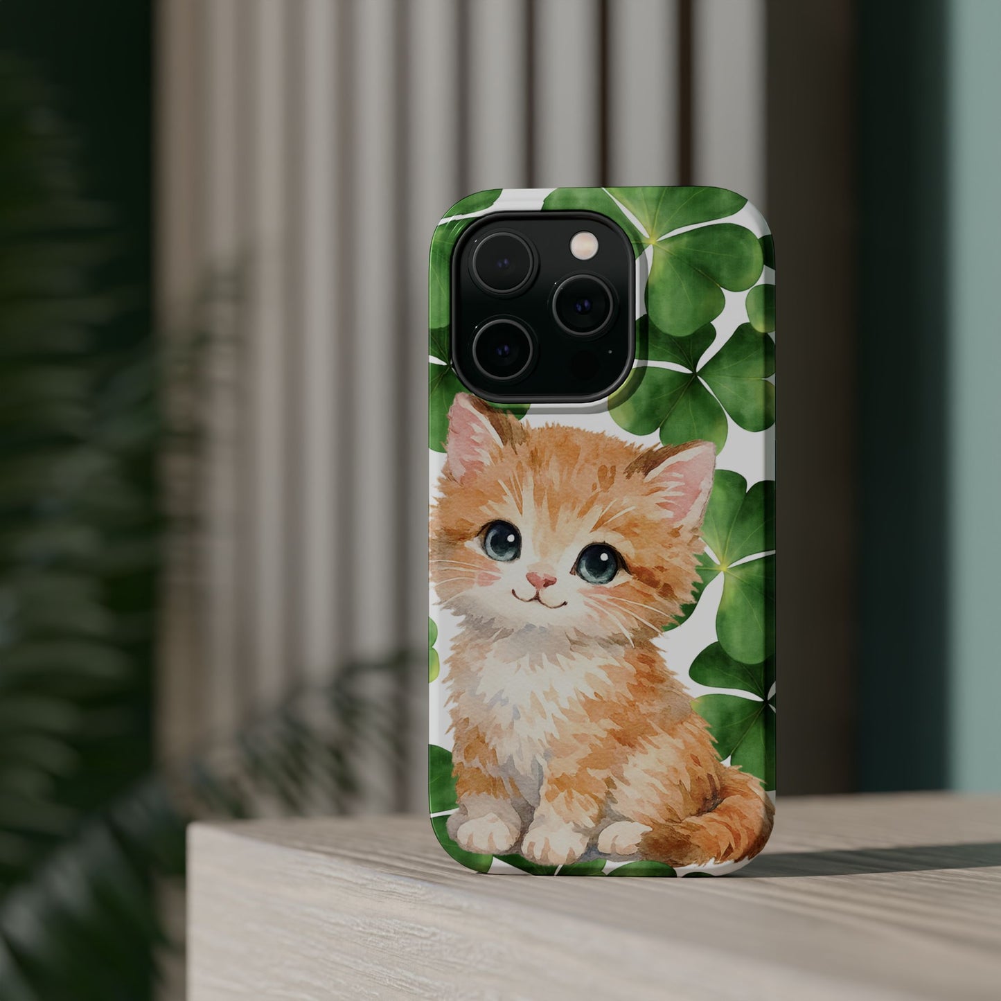 Ginger Kitten Magnetic Phone Case, St Patricks Day Cat Art with Shamrocks, Irish Cat Gift Compatible with iPhone 17, 16, 15, 14, 13