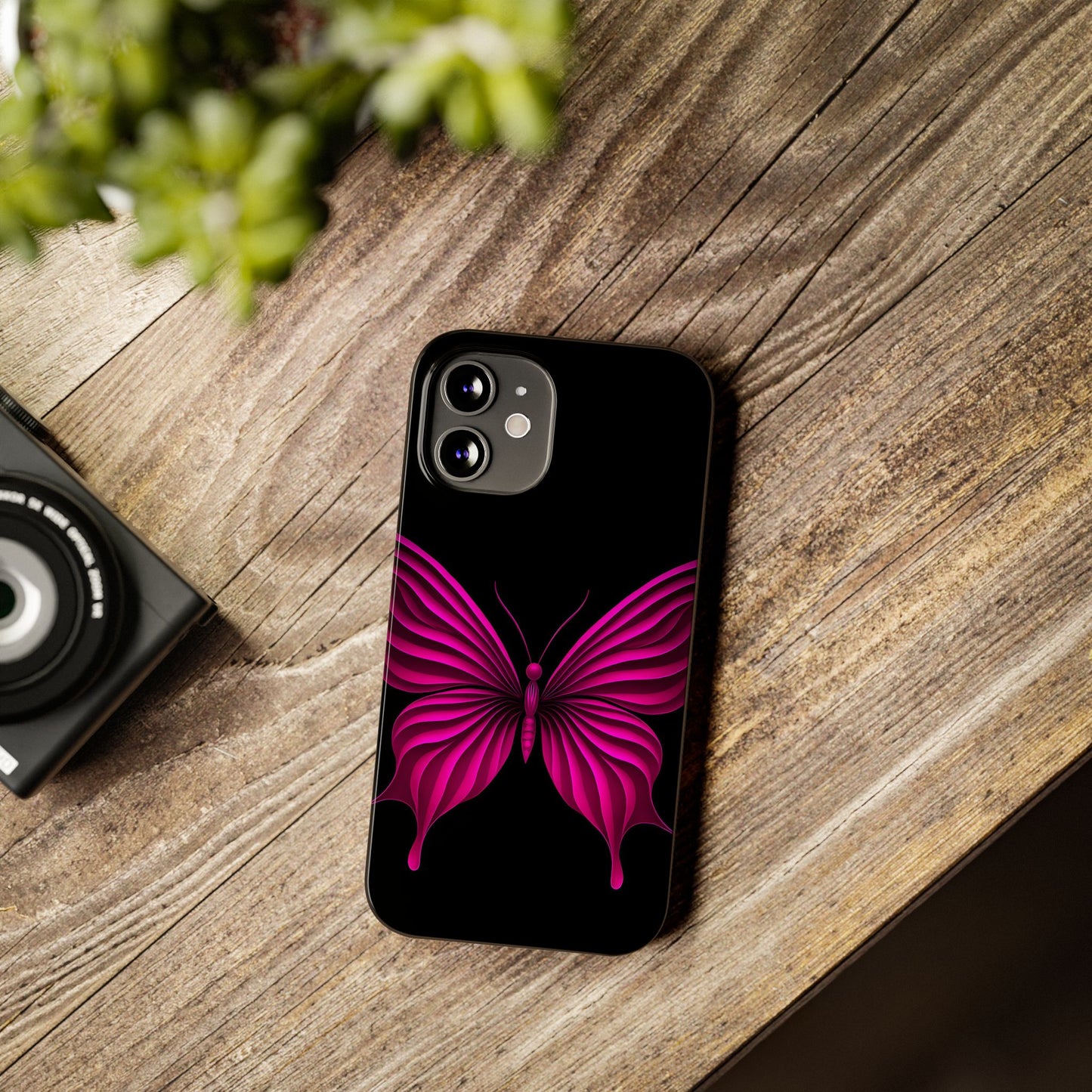 Pink Butterfly Phone Case, Elegant Insect Art, Black Aesthetic Slim Phone Case Compatible with iPhone, Galaxy, Google