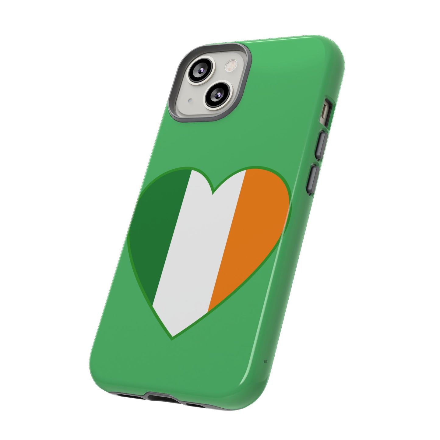 Tough Case Ireland Heart Flag Design Phone Cover Compatible with iPhone 17, 16, 15, 14, 13, Galaxy, Google, Green White Orange Irish Art