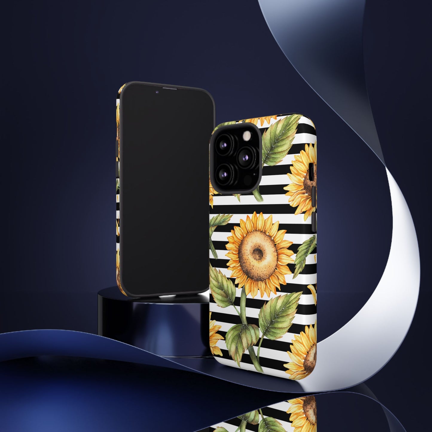 Sunflower Tough Phone Case - Bold Yellow Floral Art, Black and White Striped Aesthetic, Compatible with iPhone, Galaxy, and Google Phones