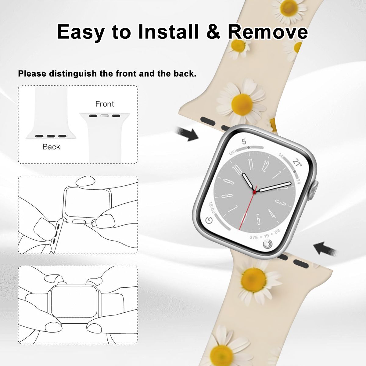 Soft silicone daisy watch band – Breathable silicone material keeps the wrist cool while displaying a delicate floral pattern for everyday style.