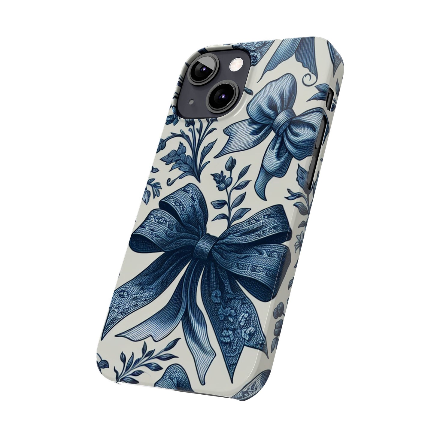 Elegant Floral Bow Slim Phone Case, Blue Flower Phone Cover, Gift for Her, Stylish Tech Accessory, Wedding Gift, Floral Design