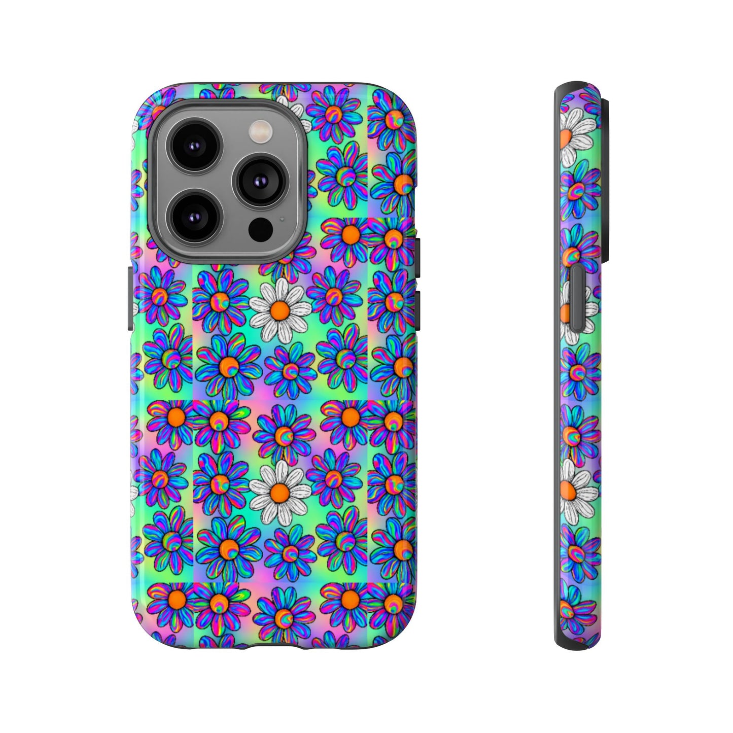 Trippy Daisy Tough Phone Case - Psychedelic Floral Aesthetic, Colorful Groovy Design, Compatible with iPhone, Galaxy, and Google Phones