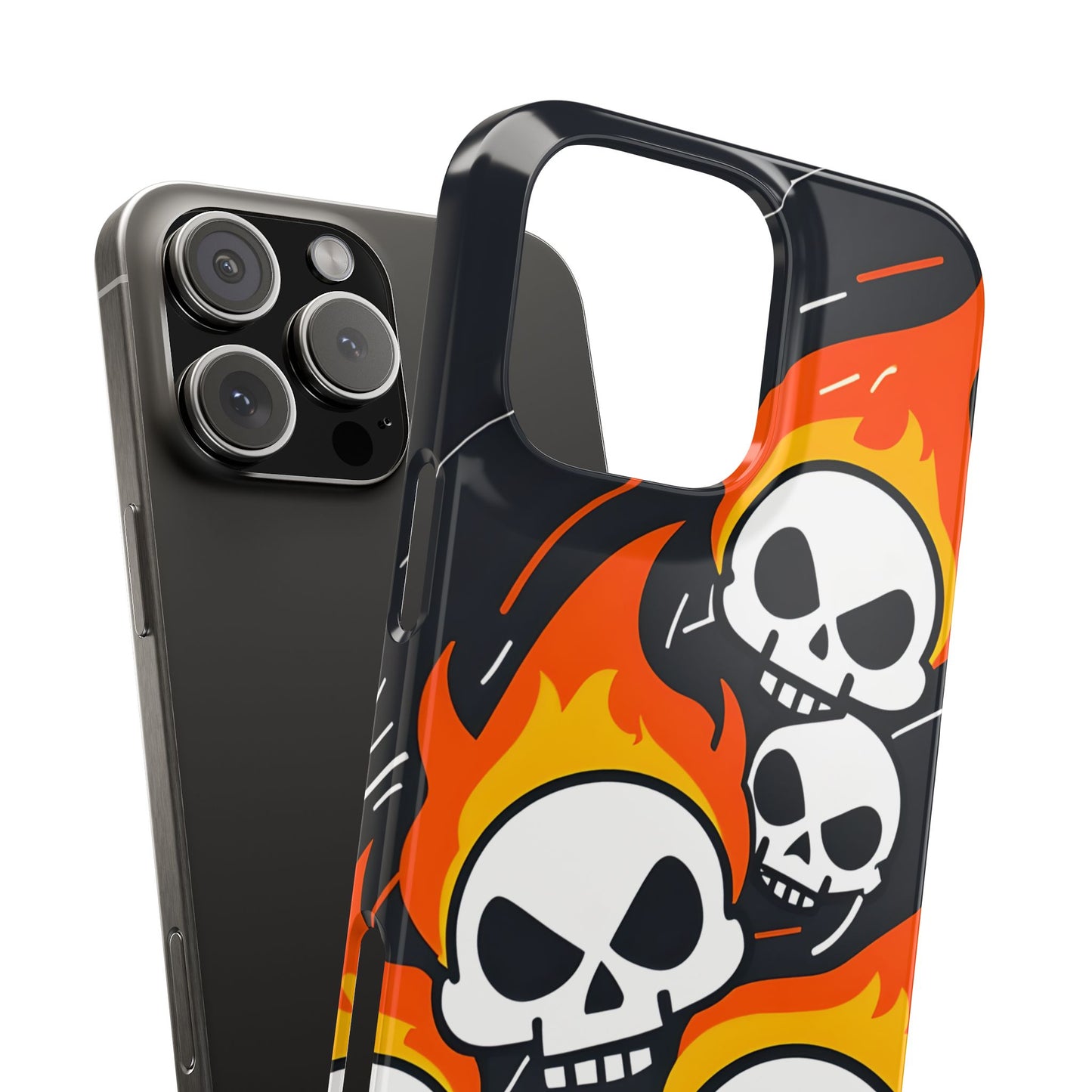 Flaming Skulls Slim Phone Case, Y2K Alt Halloween Aesthetic, Creepy Cute Cartoon Style, Stylish Music Lovers, Perfect Gift for Halloween