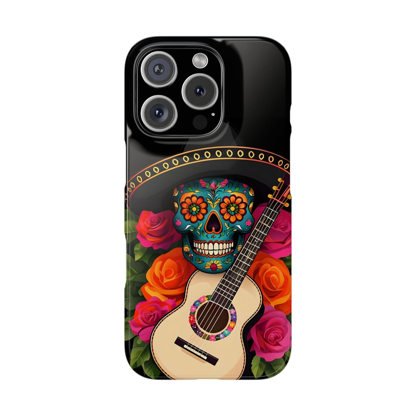 Mariachi Skull Slim Phone Case, Colorful Folk Aesthetic, Halloween Floral Skull Design, Gift for Mexican Culture Lovers