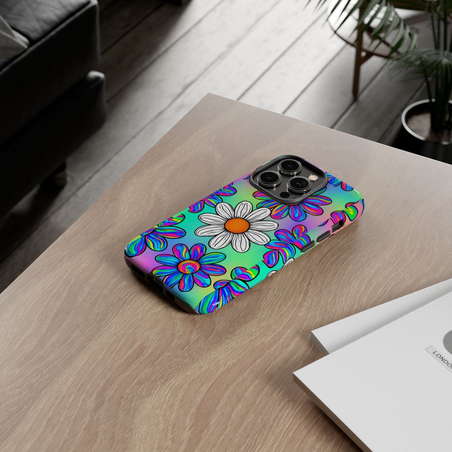 Trippy Daisy Tough Phone Case - Psychedelic Floral Design, Colorful Retro Aesthetic, Compatible with iPhone, Galaxy, and Google Phones