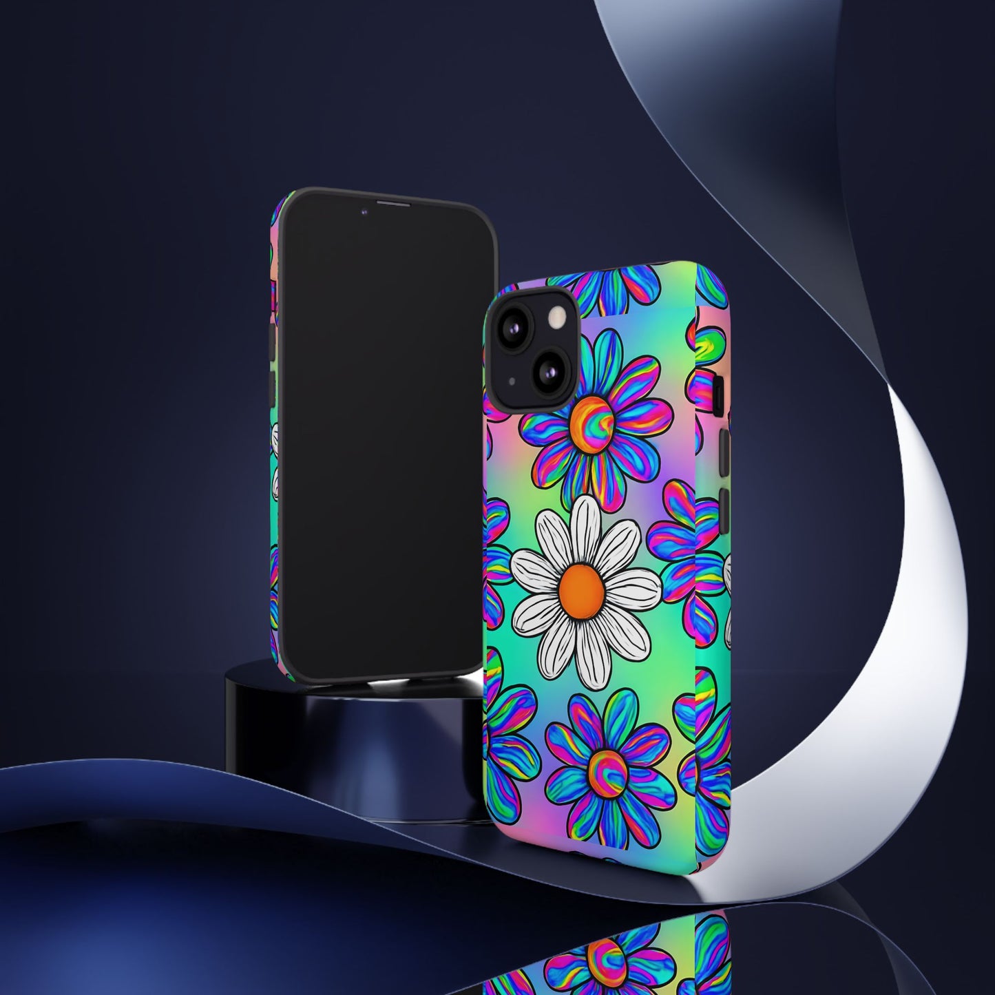 Trippy Daisy Tough Phone Case - Psychedelic Floral Design, Colorful Retro Aesthetic, Compatible with iPhone, Galaxy, and Google Phones