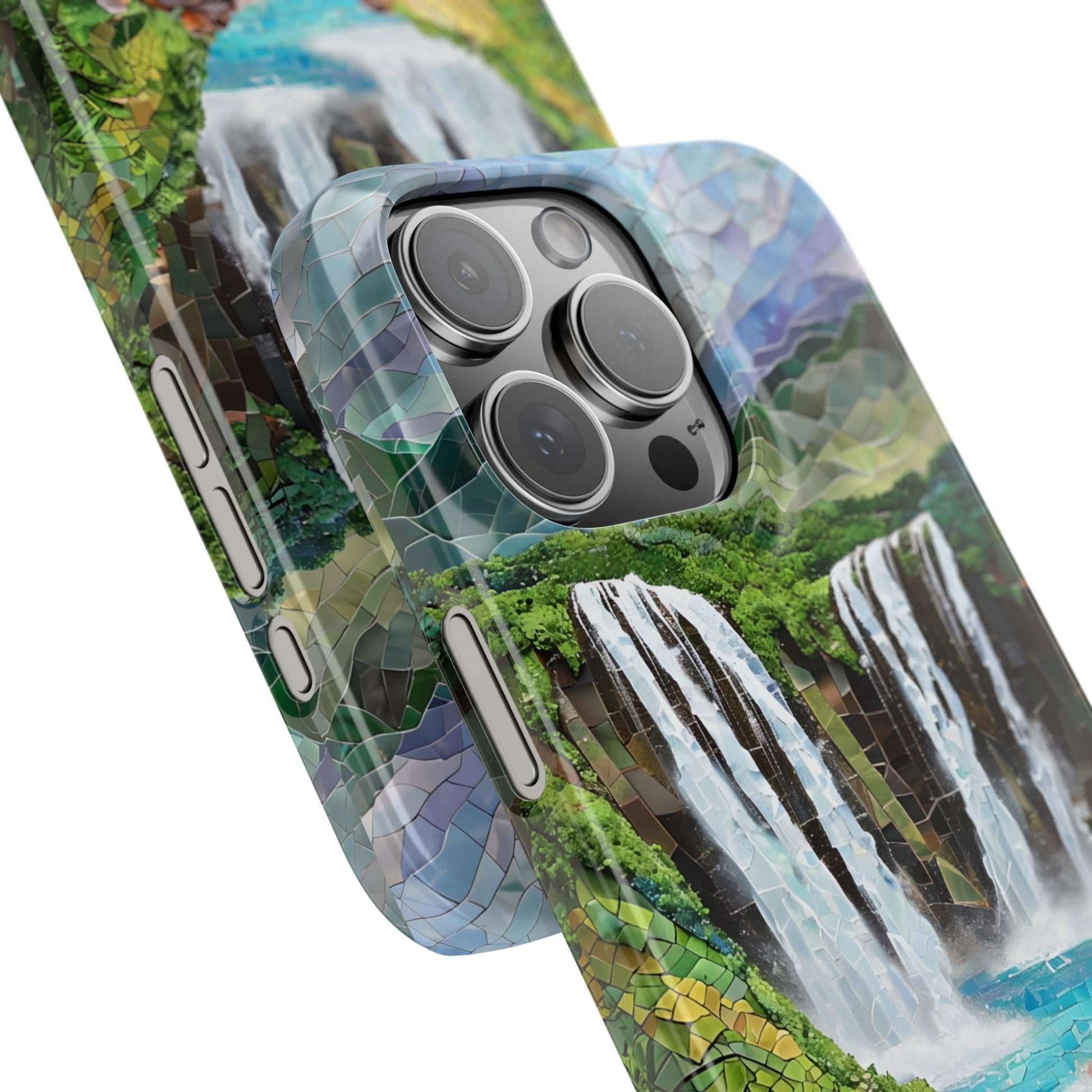 Hawaii waterfall mosaic phone case depicting cascading falls, dense tropical plants, and textured blue water, perfect for travelers and nature aesthetic shoppers.
