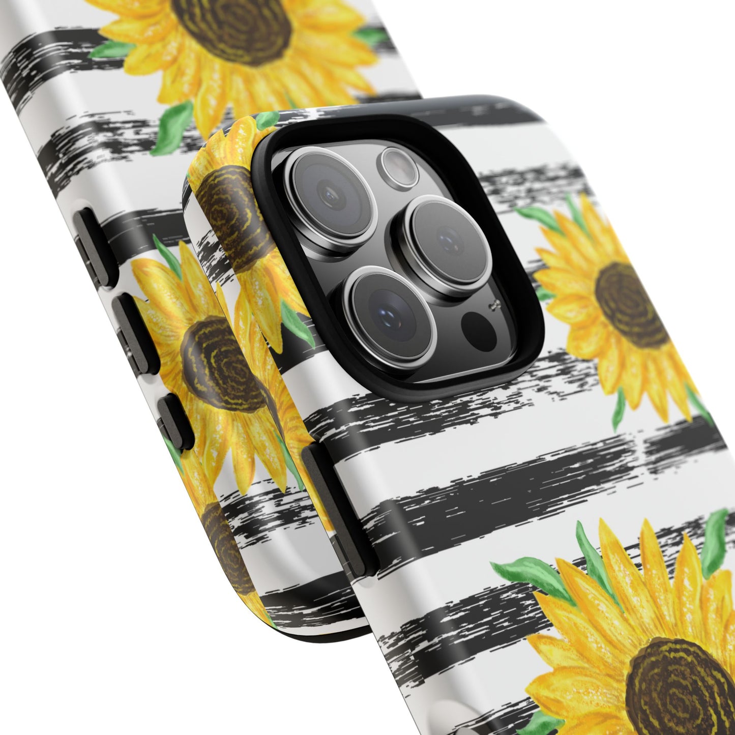 Sunflower Tough Phone Case - Bright Yellow Floral Art, Black and White Striped Aesthetic, Compatible with iPhone, Galaxy, and Google Phones
