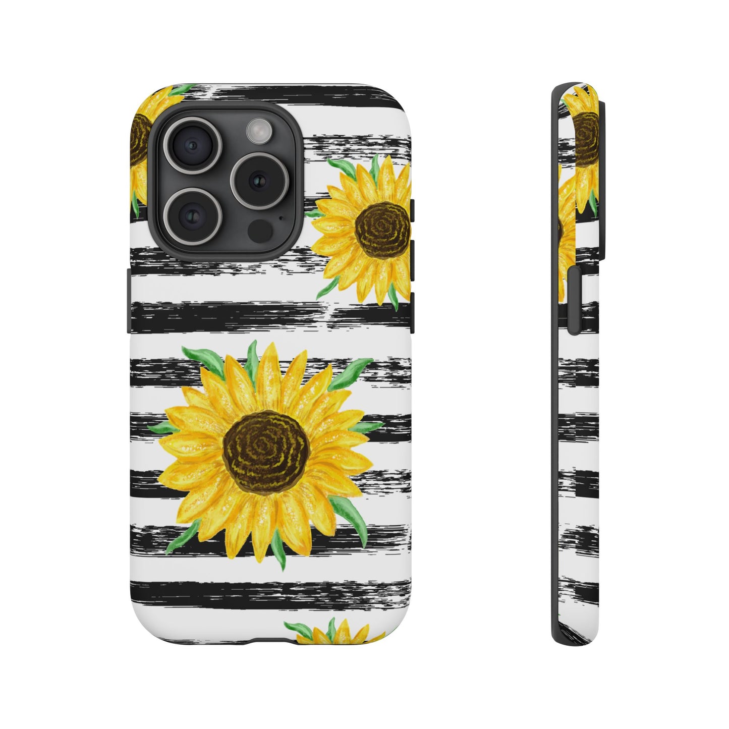 Sunflower Tough Phone Case - Bright Yellow Floral Art, Black and White Striped Aesthetic, Compatible with iPhone, Galaxy, and Google Phones