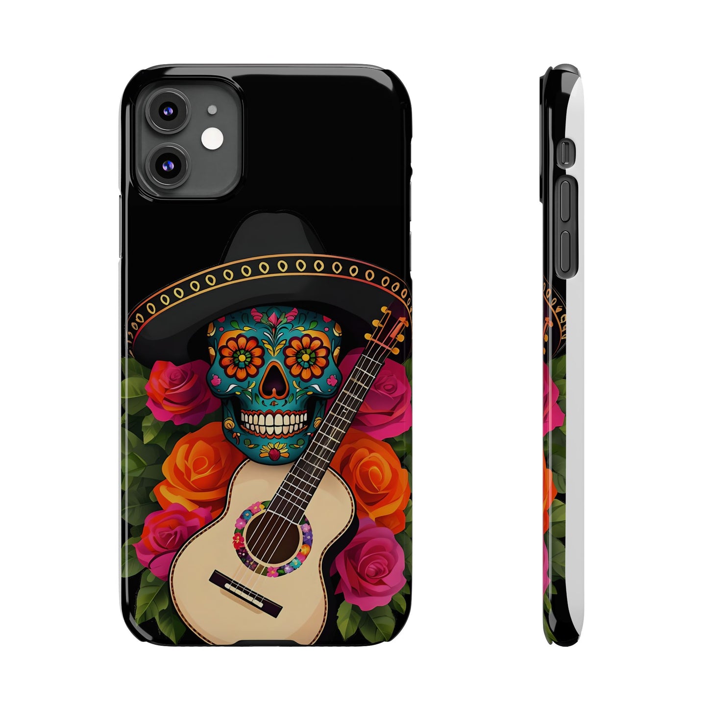 Mariachi Skull Slim Phone Case, Colorful Folk Aesthetic, Halloween Floral Skull Design, Gift for Mexican Culture Lovers