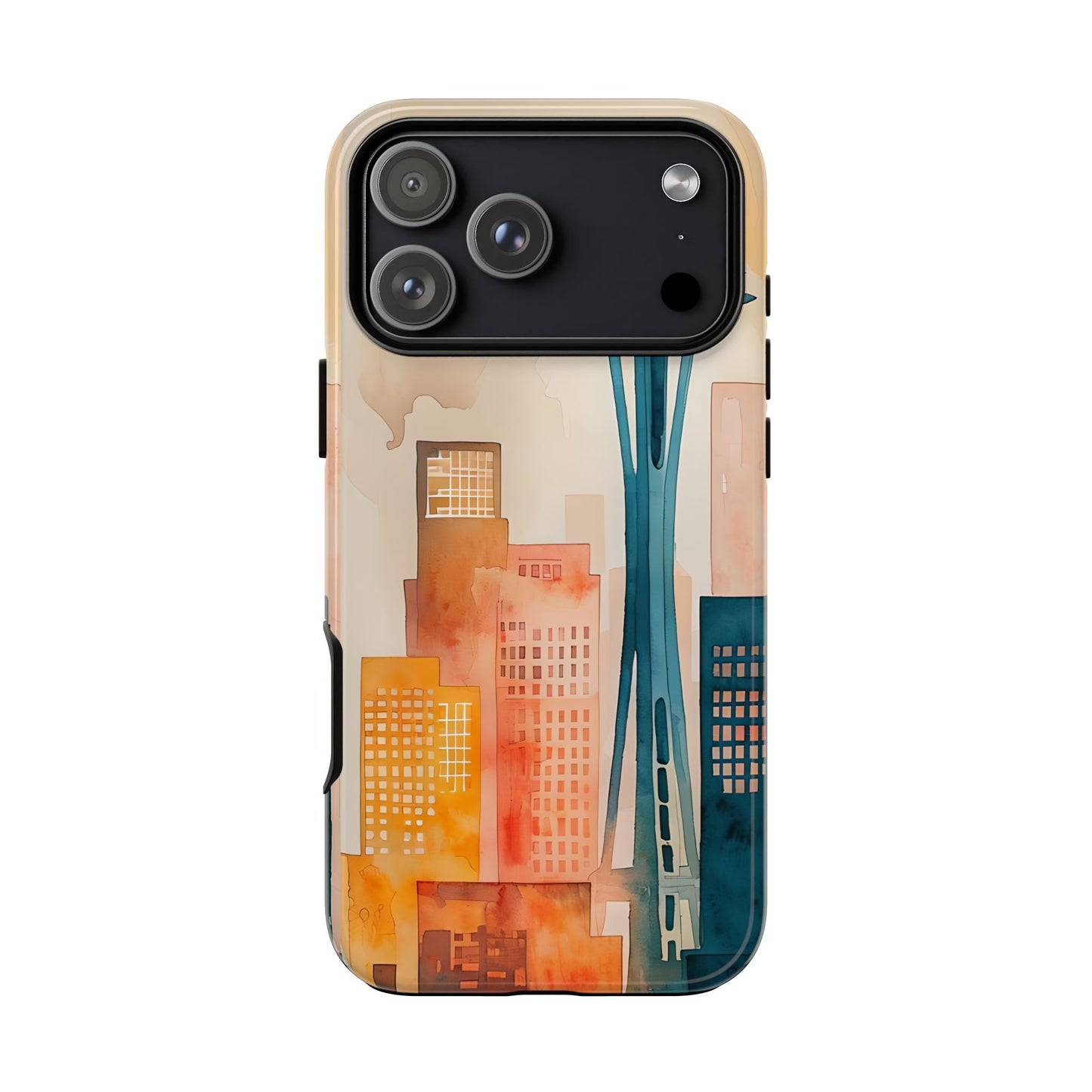 Cityscape Tough Phone Case, Seattle Skyline Phone Cover, Watercolor Art Design, Compatible with iPhone, Galaxy & Google