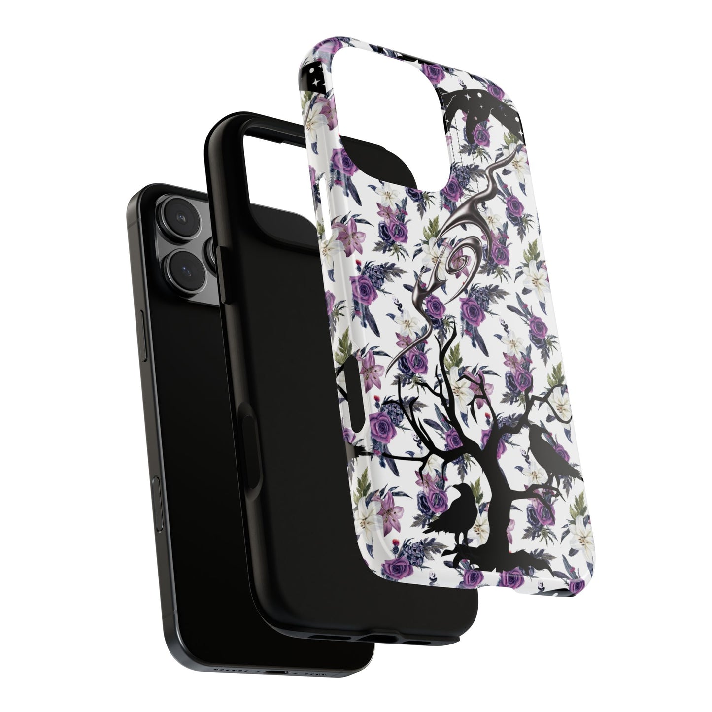 Gothic Floral Phone Case, Raven Crow Dark Tree Purple Rose Lily Design, Compatible with iPhone, Galaxy, Pixel, Witchy Gift, Spooky Vibes