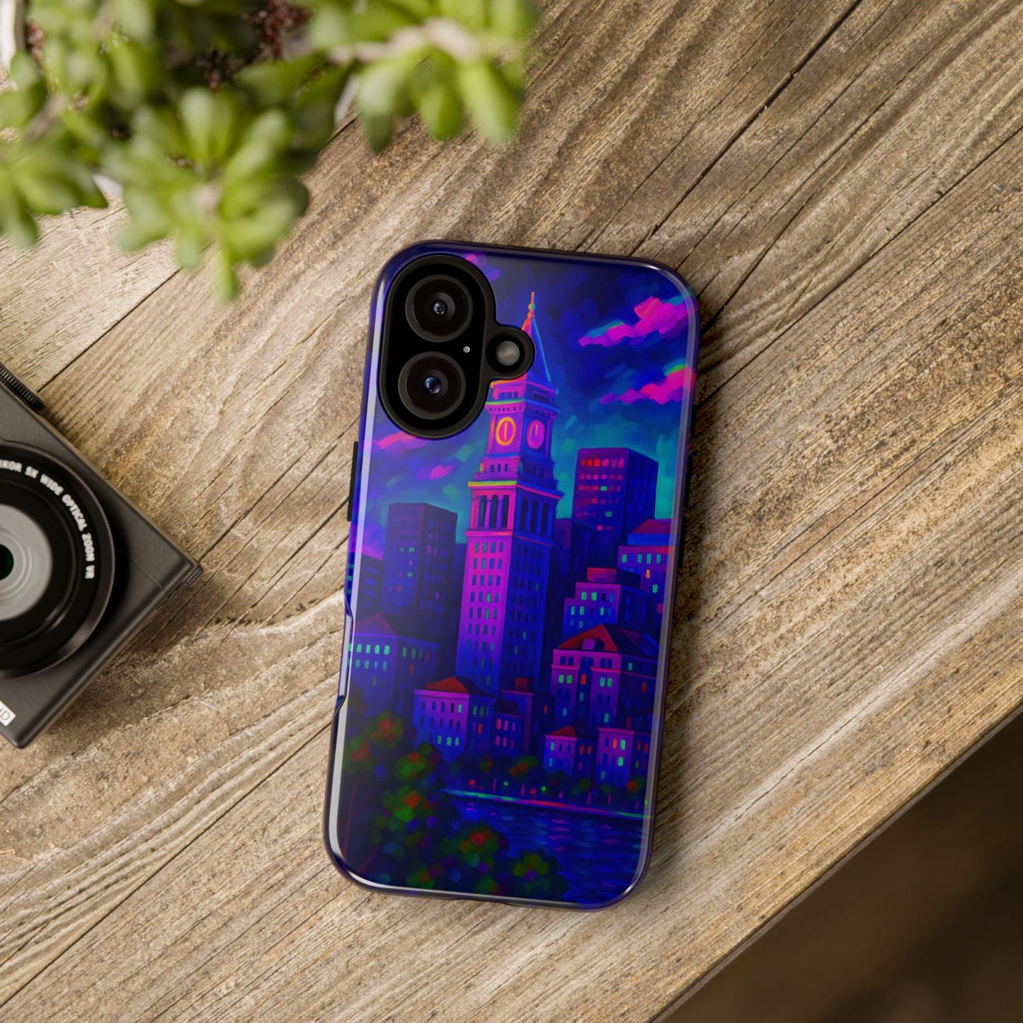 Boston Cityscape Tough Phone Case, Neon Night Skyline, Sunset Tower View Watercolor Urban Art, Compatible with iPhone, Galaxy, Google Phones