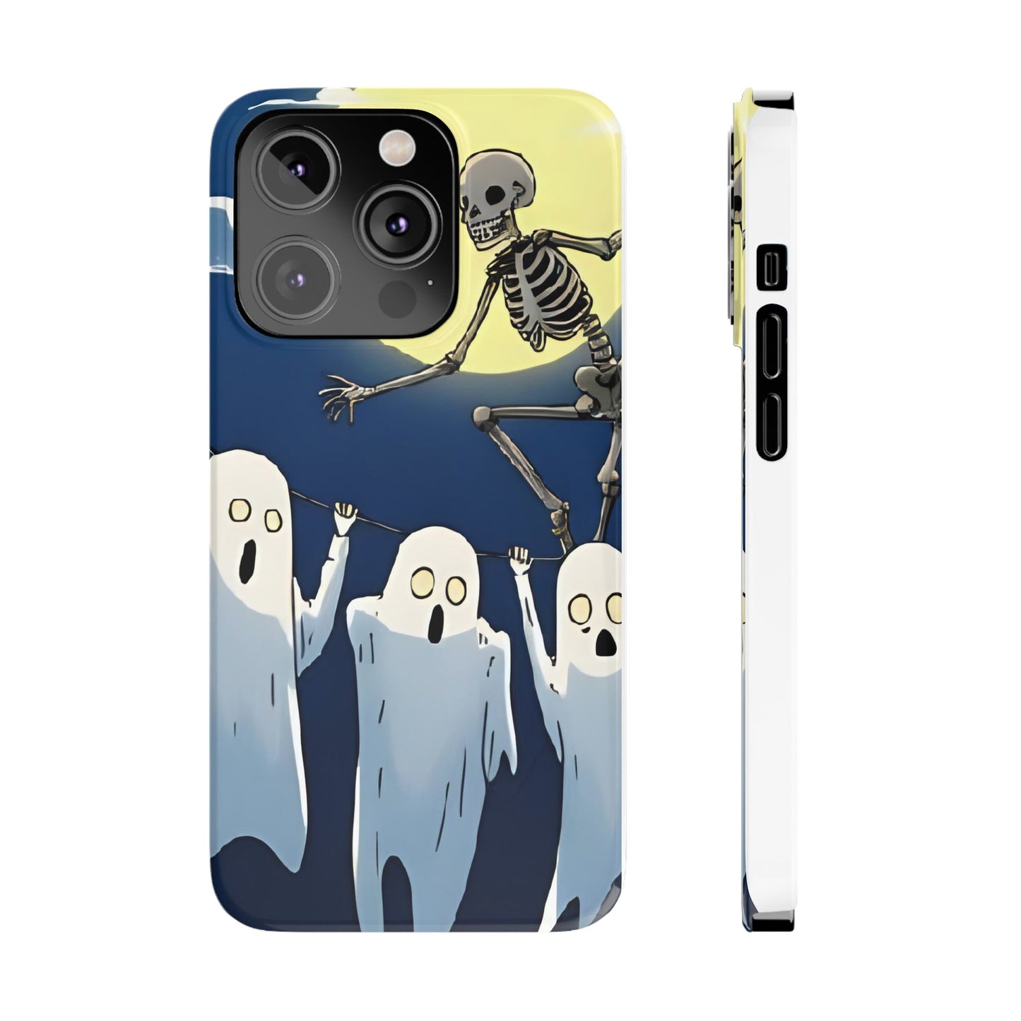 Jumping Skeleton Slim Phone Case - Halloween Aesthetic, Creepy Cute Ghost Cartoon Style, Compatible with iPhone, Galaxy, and Google Phones