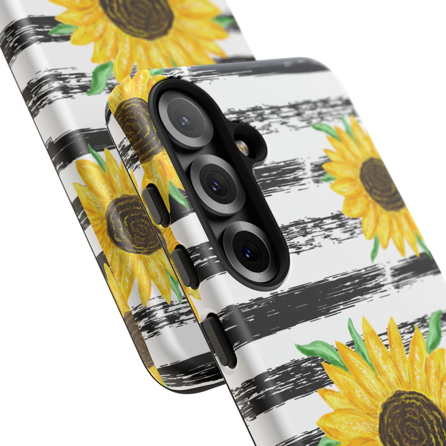 Sunflower Tough Phone Case - Bright Yellow Floral Art, Black and White Striped Aesthetic, Compatible with iPhone, Galaxy, and Google Phones
