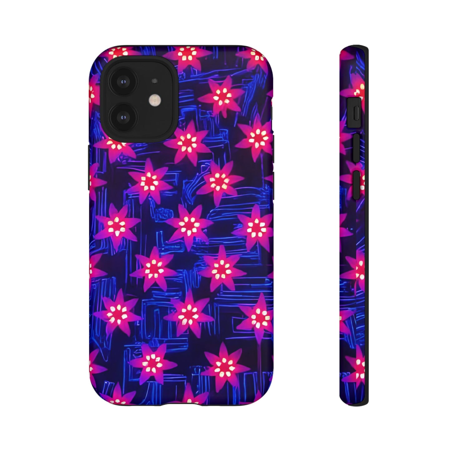 Neon Flower Tough Phone Case - Trippy Dark Floral Art, Electric Glow Aesthetic, Compatible with iPhone, Galaxy, and Google Phones