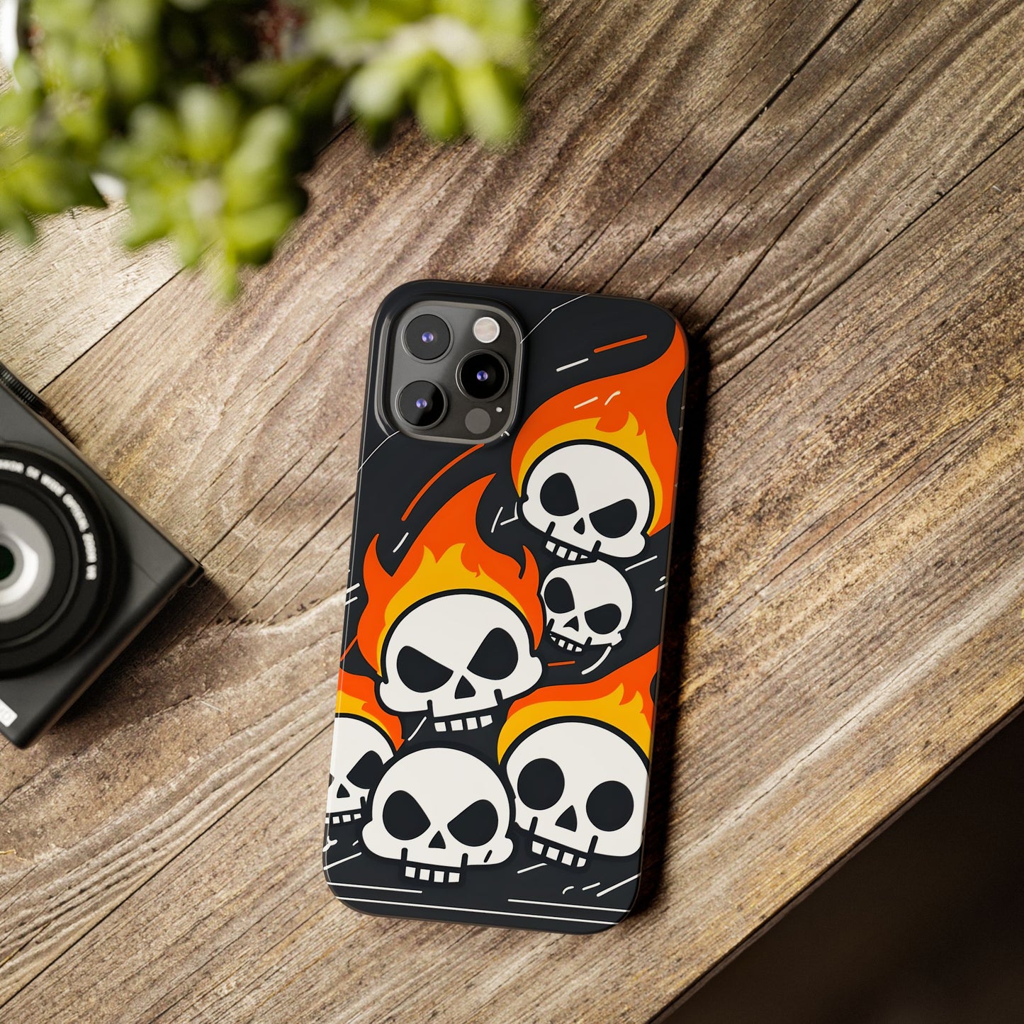 Flaming Skulls Slim Phone Case, Y2K Alt Halloween Aesthetic, Creepy Cute Cartoon Style, Stylish Music Lovers, Perfect Gift for Halloween