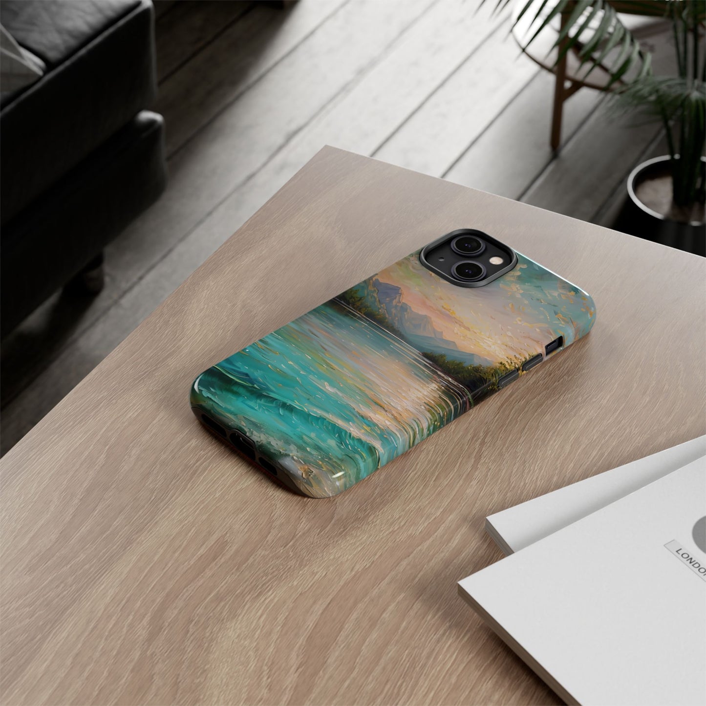 Mountain Lake Scenery Tough Phone Case, Oil Painting Phone Cover, Calm Water Scene Compatible with iPhone 17, 16, 15, 14, 13, Galaxy, Google