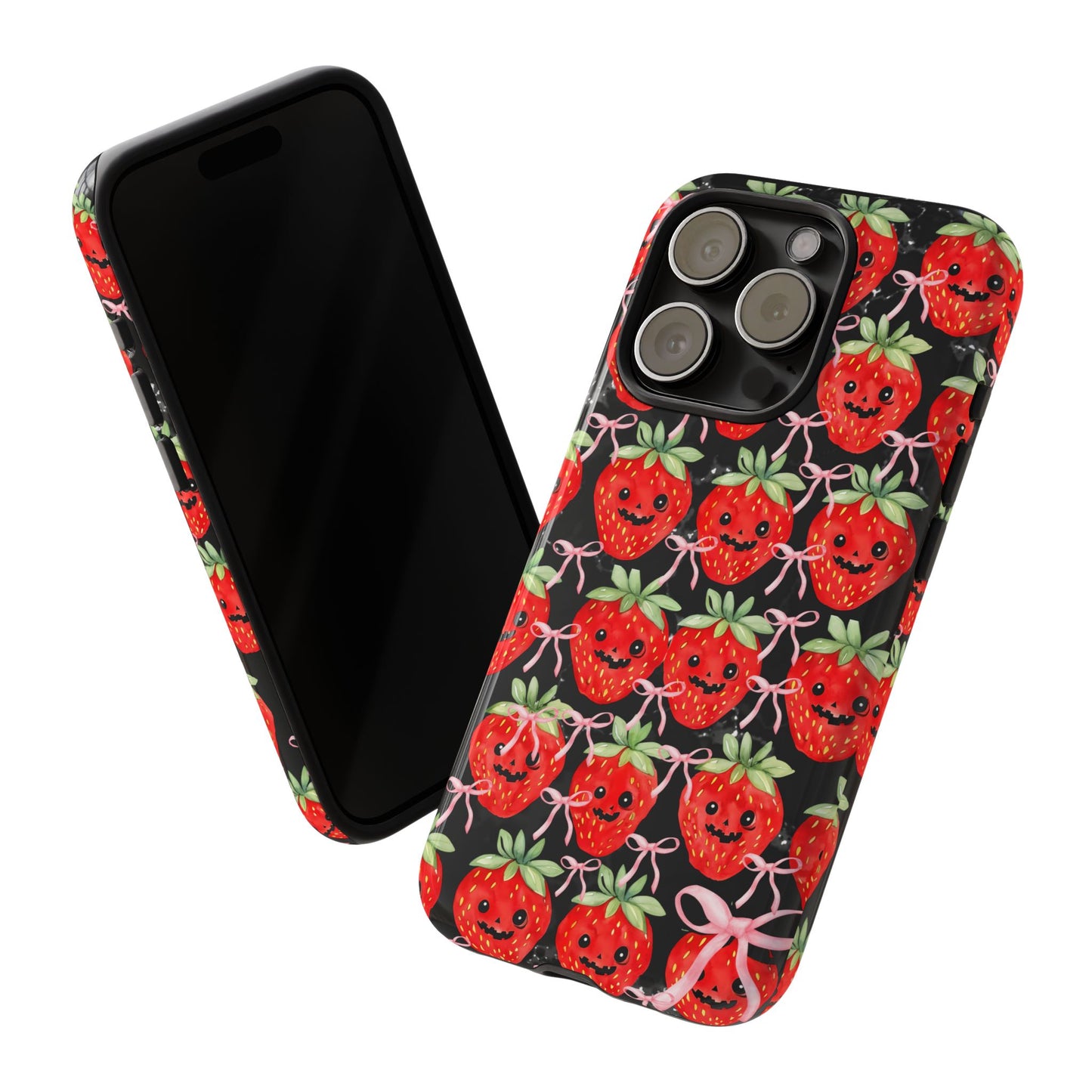 Summerween Strawberry Jack O' Lanterns Phone Case, Coquette Spiderweb Phone Cover Cute Halloween Aesthetic Case Pink Bow Glam Girl Accessory