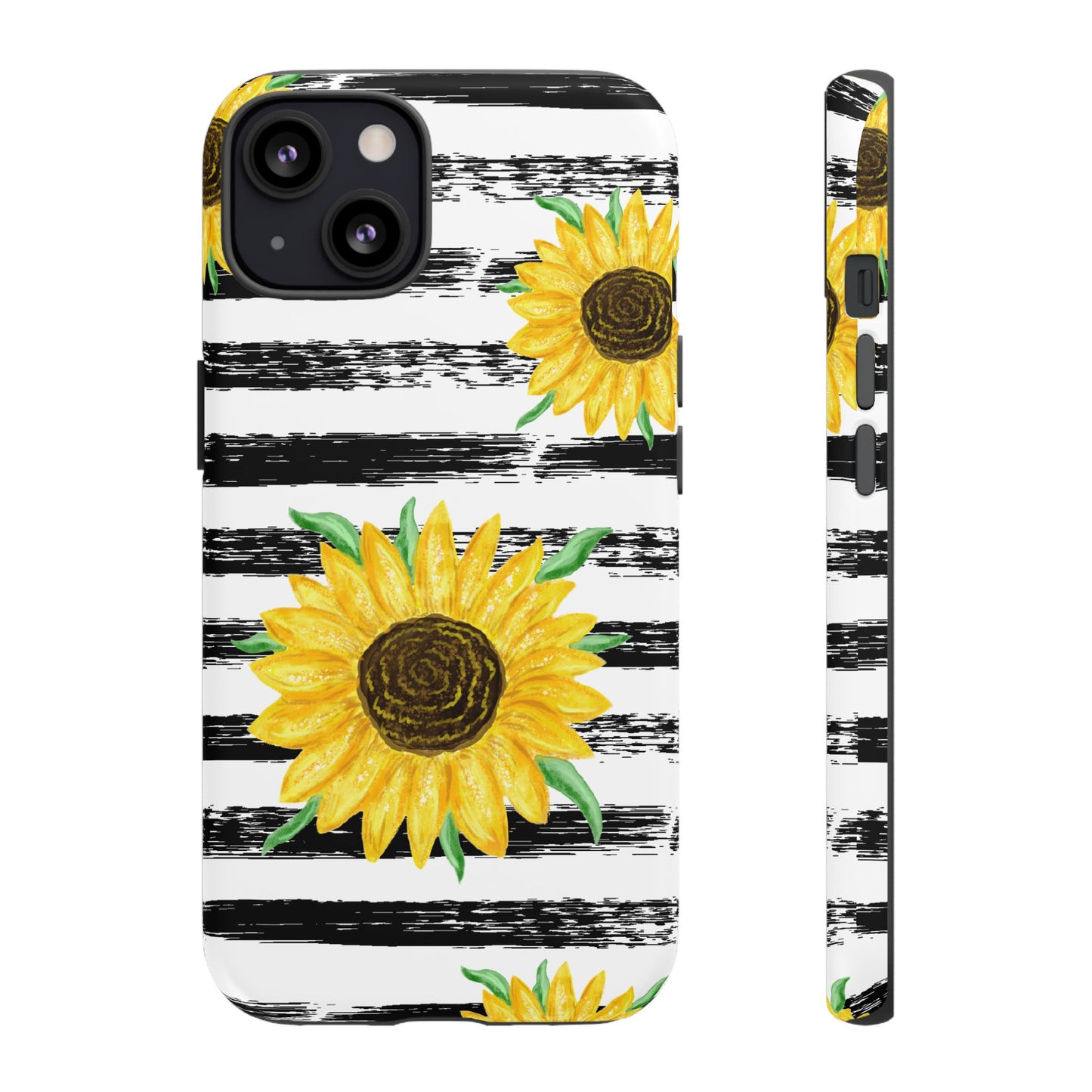 Sunflower Tough Phone Case - Bright Yellow Floral Art, Black and White Striped Aesthetic, Compatible with iPhone, Galaxy, and Google Phones
