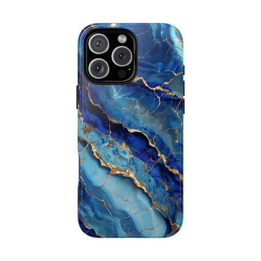Blue Marble Agate Crystal Phone Case Geode Crystal Art with Elegant Gold Veins, Luxury Abstract Cover compatible with iPhone, Samsung, Pixel