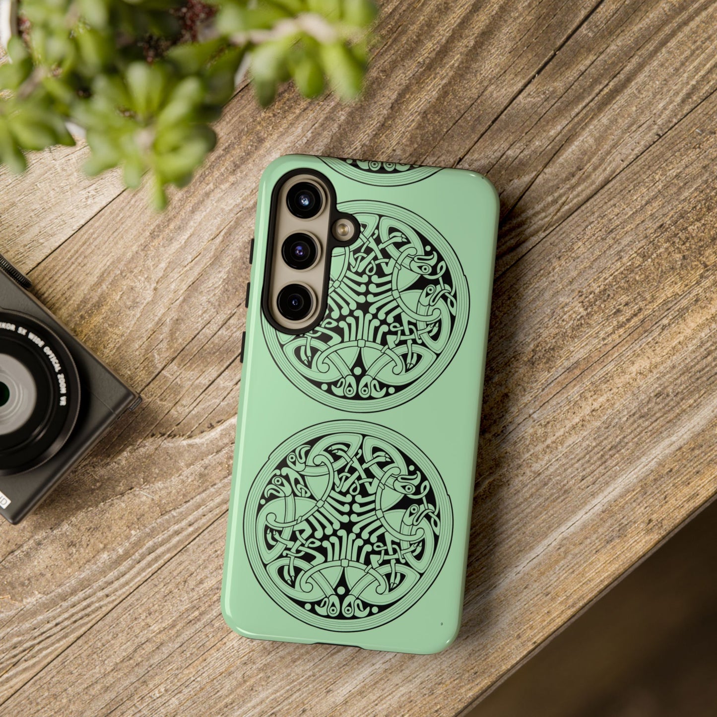 Tough Case Celtic Medallion Mint Green Design Phone Cover Compatible with iPhone 17, 16, 15, 14, 13, Galaxy, Google, Irish Heritage Pattern