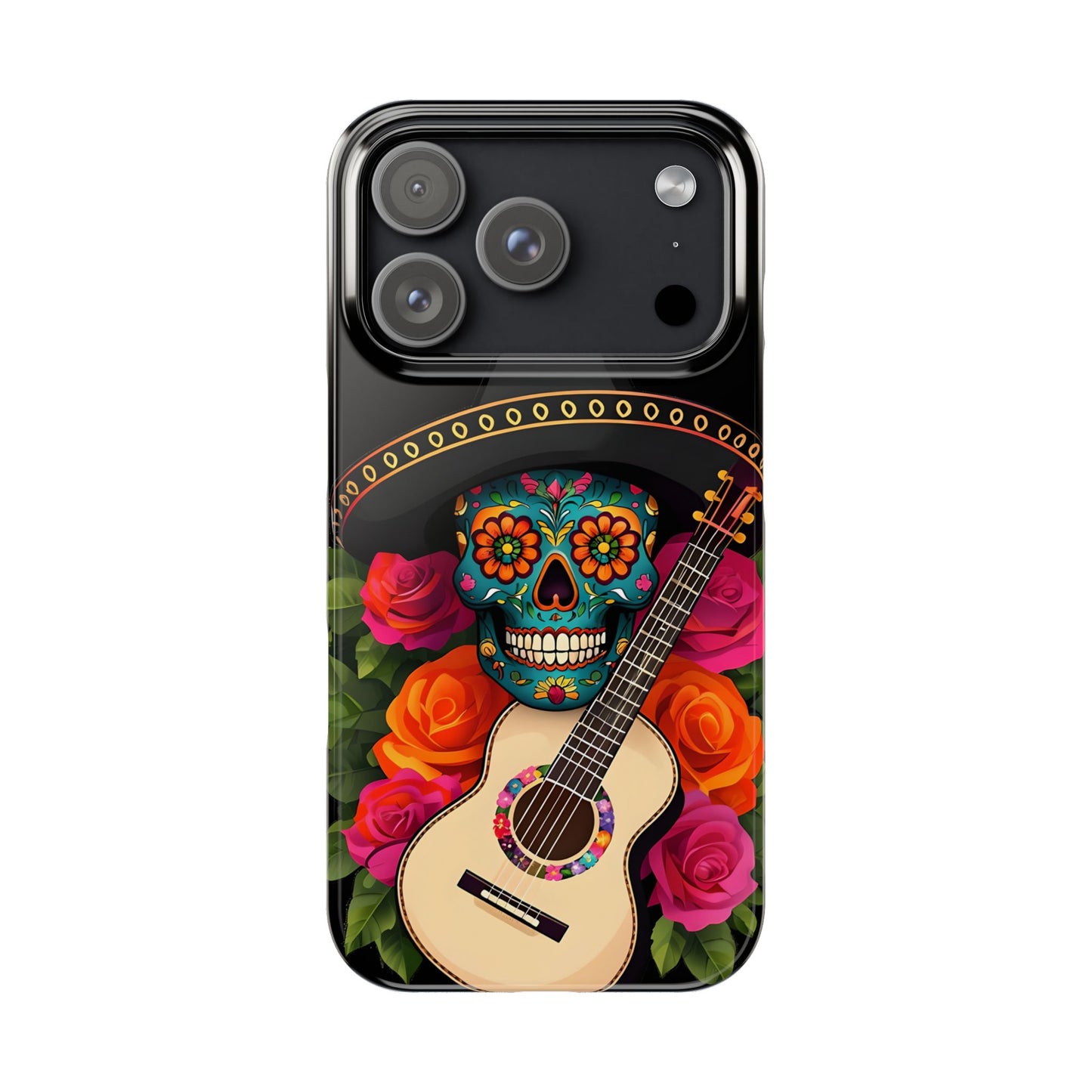 Mariachi Skull Slim Phone Case, Colorful Folk Aesthetic, Halloween Floral Skull Design, Gift for Mexican Culture Lovers