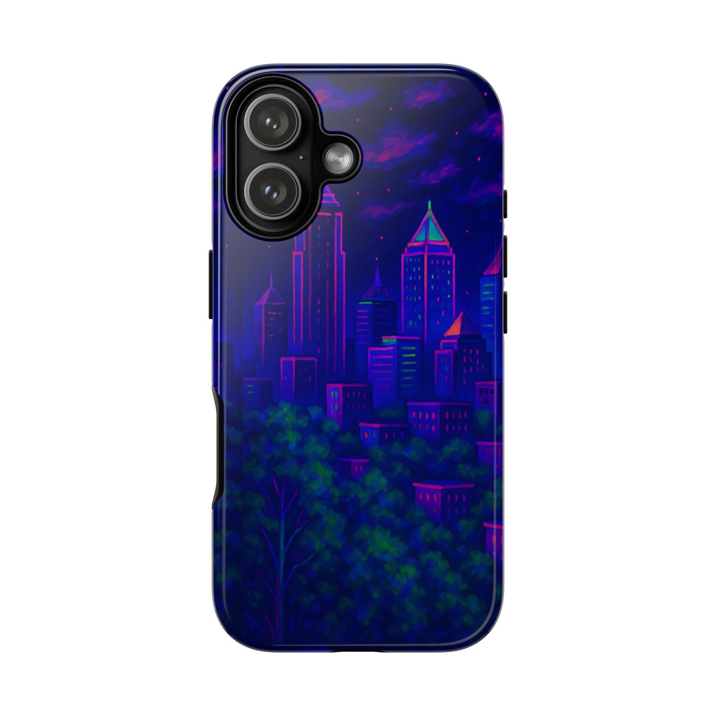 Cityscape Tough Phone Case, Atlanta Skyline Phone Cover, Neon Night Design Compatible with iPhone, Galaxy & Google
