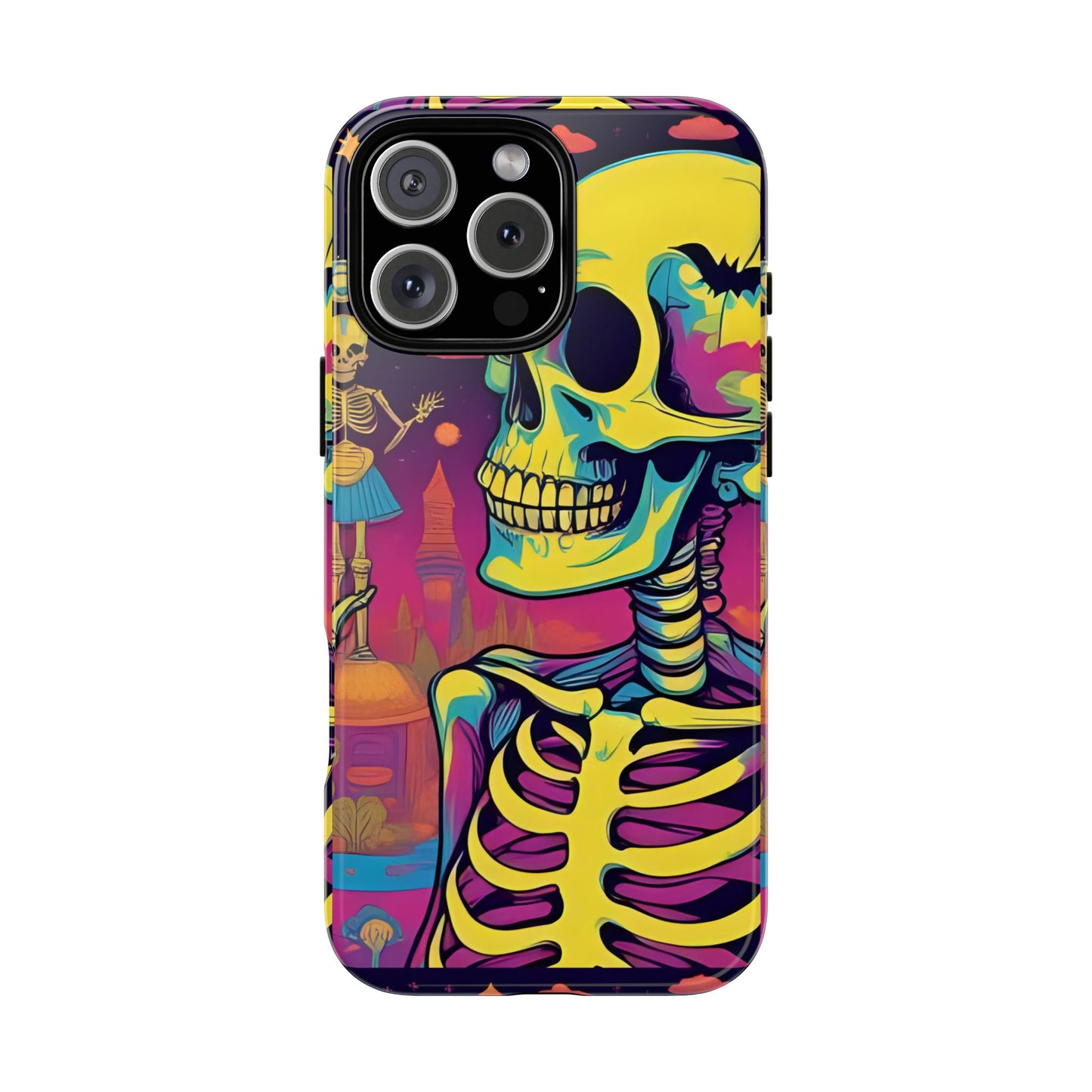 Summerween Neon Skeleton Phone Case, Retro Halloween Aesthetic Phone Cover, Bright Spooky Skull Case, Psychedelic Goth Fall Accessory