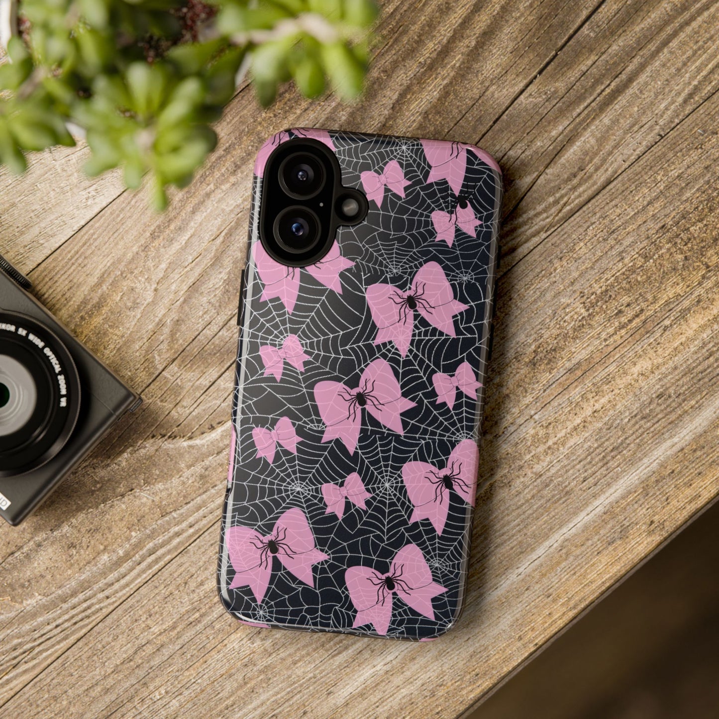 Pink Spider Bow Phone Case, Goth Coquette Spiderweb Phone Cover Creepy Cute Halloween Aesthetic Case Spooky Glam Girl Accessory for Alt Fans