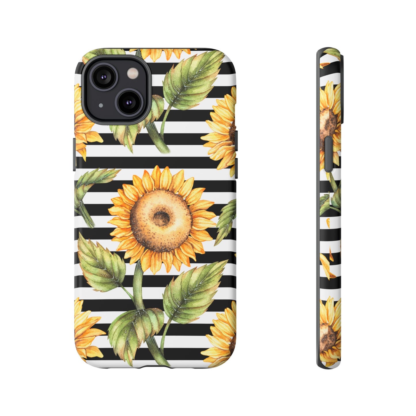 Sunflower Tough Phone Case - Bold Yellow Floral Art, Black and White Striped Aesthetic, Compatible with iPhone, Galaxy, and Google Phones