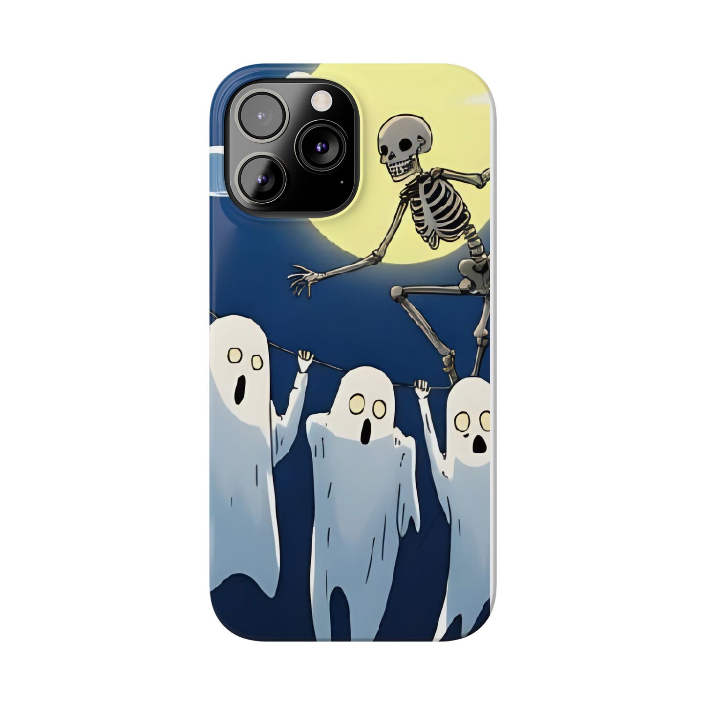 Jumping Skeleton Slim Phone Case - Halloween Aesthetic, Creepy Cute Ghost Cartoon Style, Compatible with iPhone, Galaxy, and Google Phones