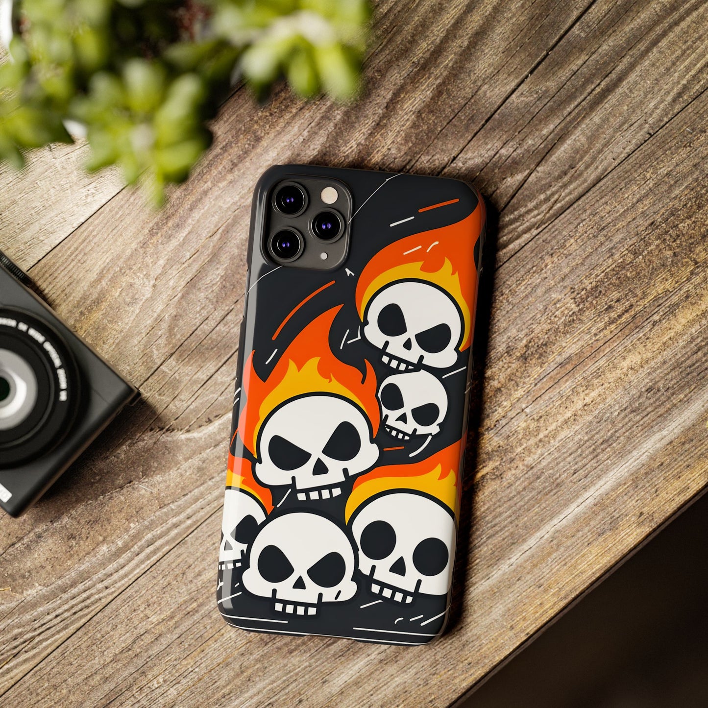 Flaming Skulls Slim Phone Case, Y2K Alt Halloween Aesthetic, Creepy Cute Cartoon Style, Stylish Music Lovers, Perfect Gift for Halloween