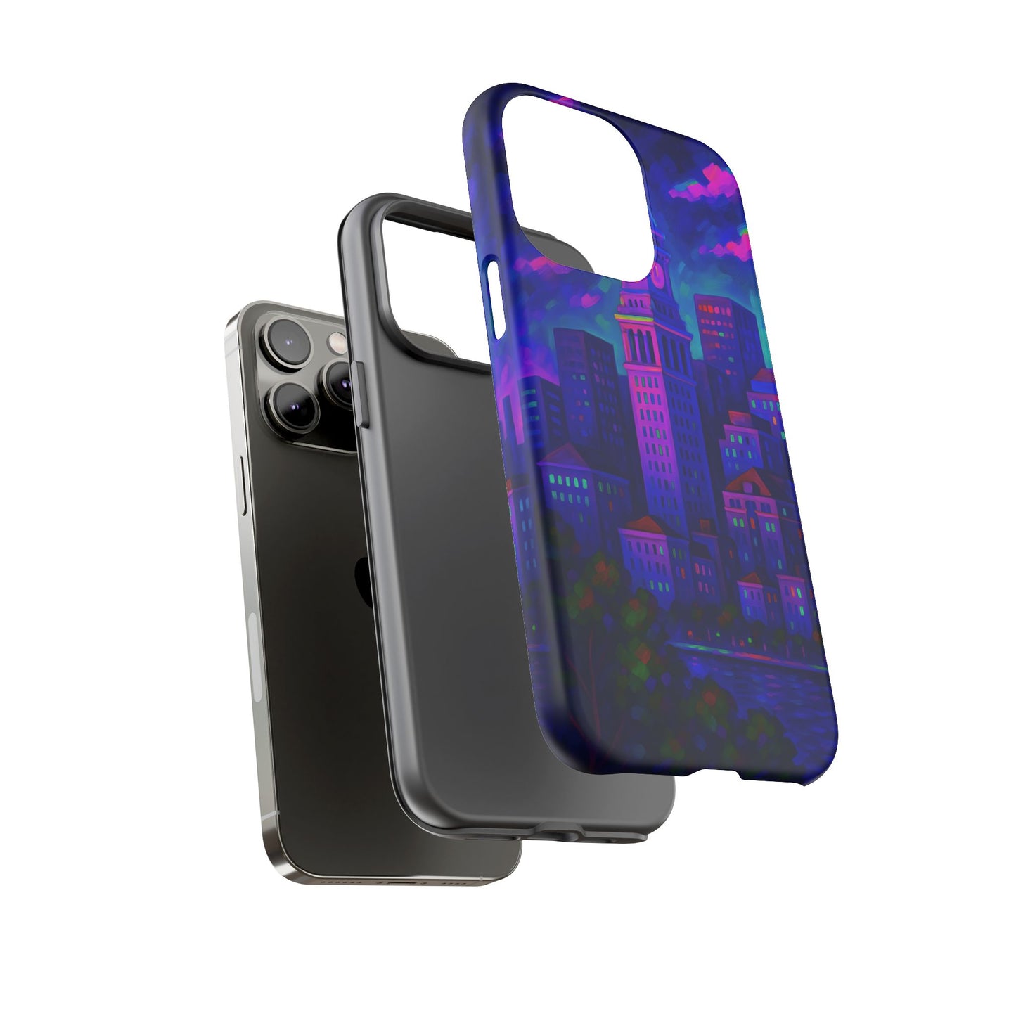 Boston Cityscape Tough Phone Case, Neon Night Skyline, Sunset Tower View Watercolor Urban Art, Compatible with iPhone, Galaxy, Google Phones