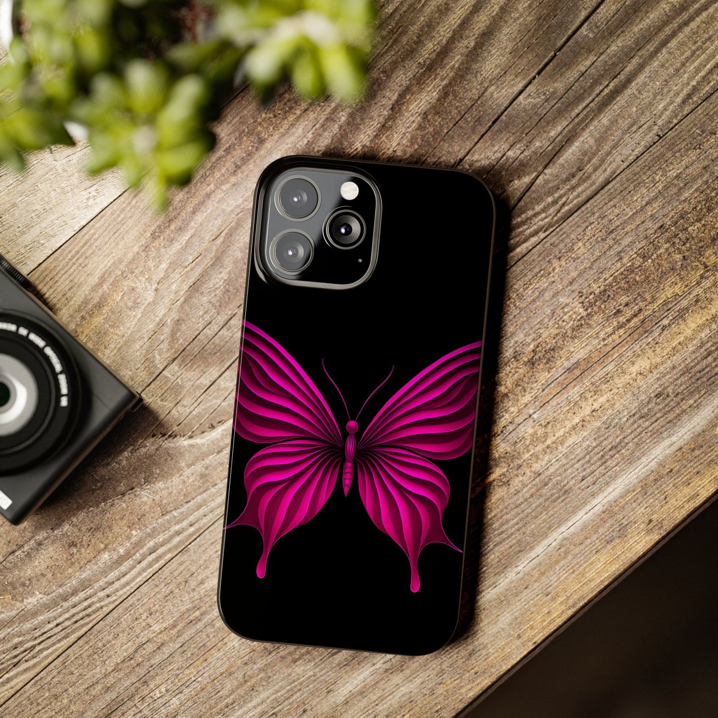 Pink Butterfly Phone Case, Elegant Insect Art, Black Aesthetic Slim Phone Case Compatible with iPhone, Galaxy, Google
