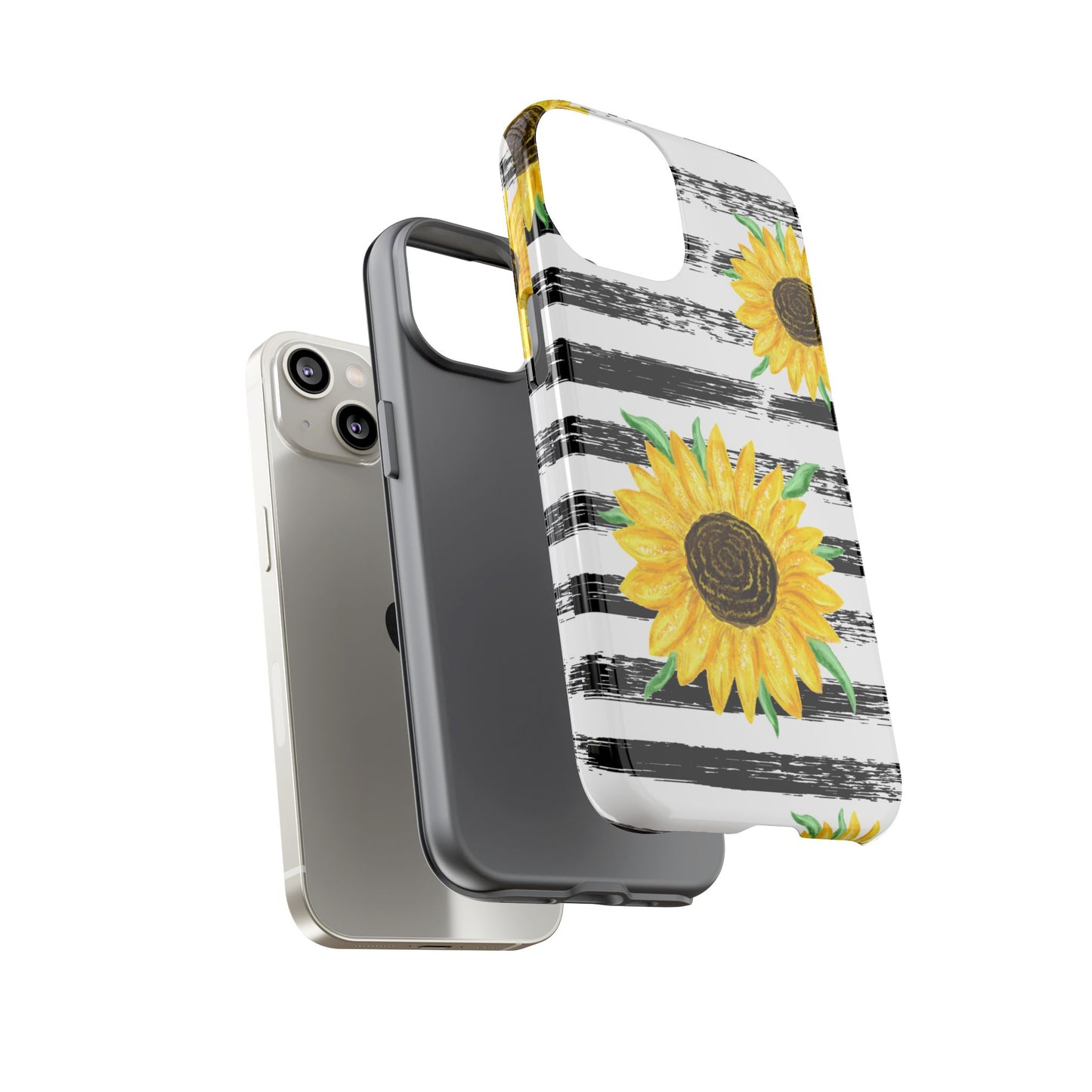 Sunflower Tough Phone Case - Bright Yellow Floral Art, Black and White Striped Aesthetic, Compatible with iPhone, Galaxy, and Google Phones