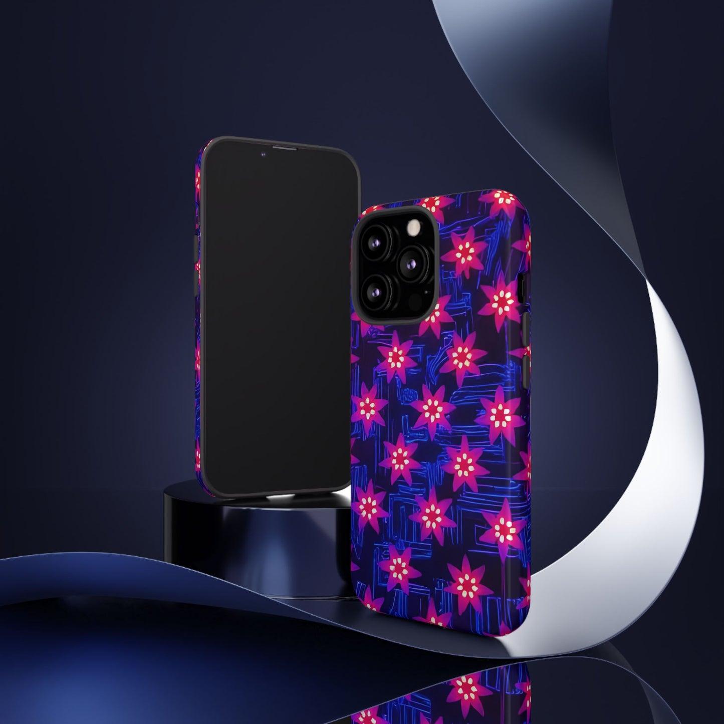 Neon Flower Tough Phone Case - Trippy Dark Floral Art, Electric Glow Aesthetic, Compatible with iPhone, Galaxy, and Google Phones