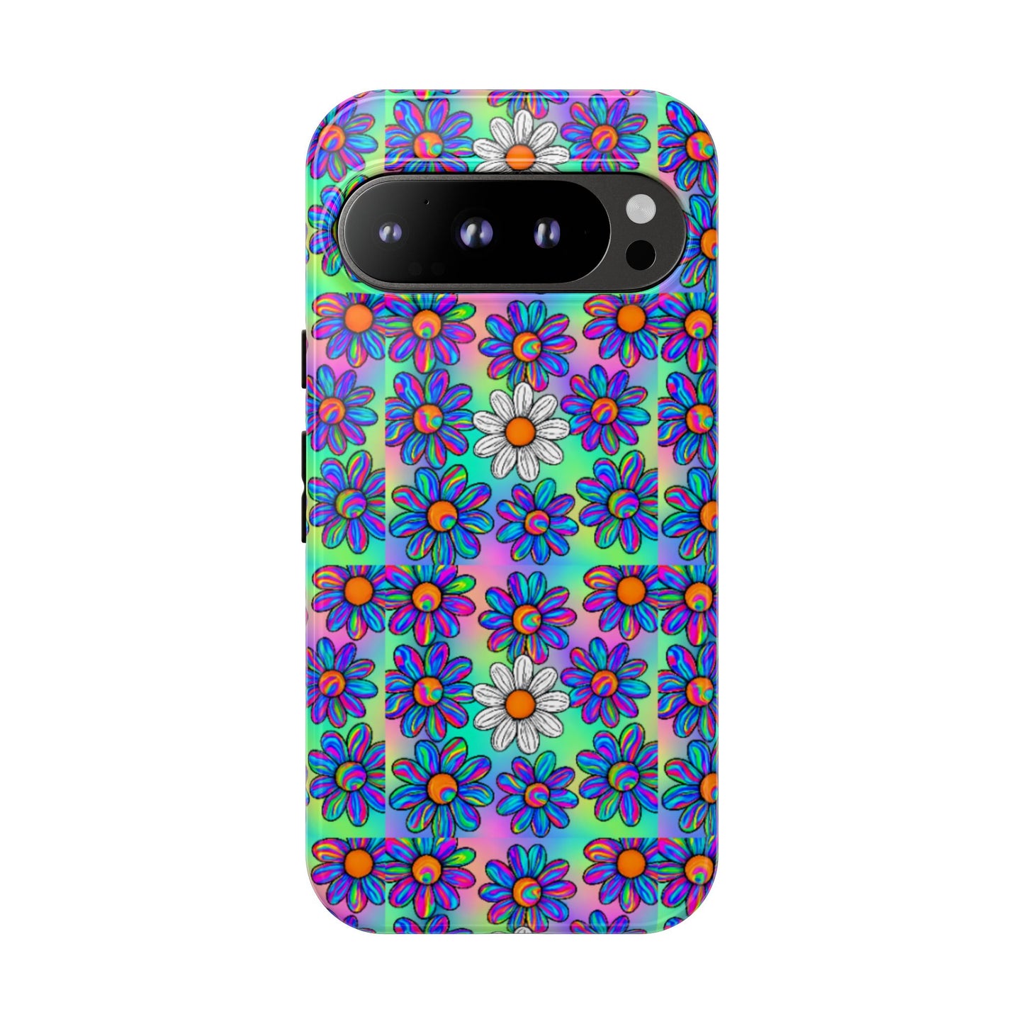 Trippy Daisy Tough Phone Case - Psychedelic Floral Aesthetic, Colorful Groovy Design, Compatible with iPhone, Galaxy, and Google Phones